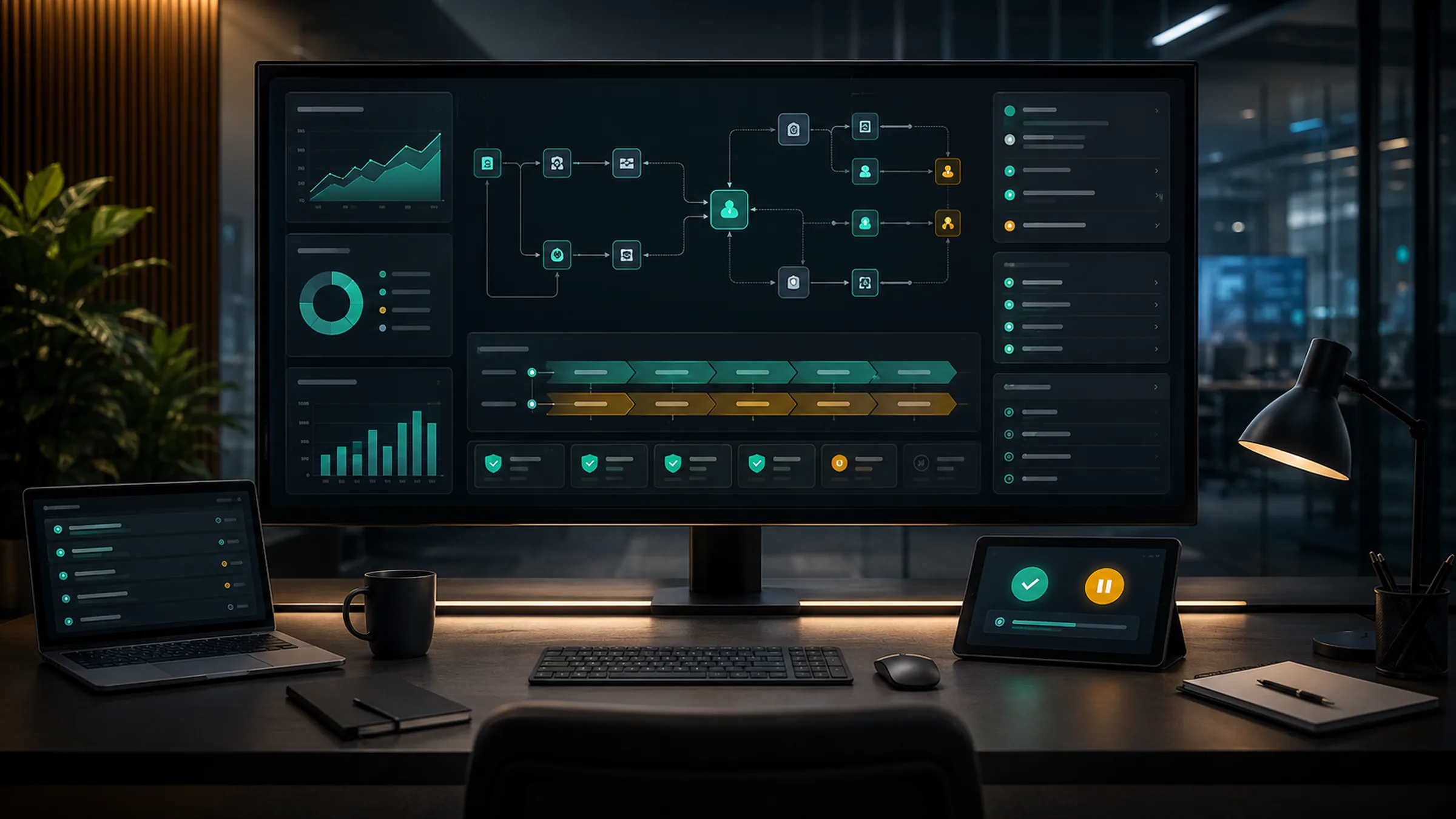 Premium AI automation ROI command center with workflow maps, validation gates, audit logs, rollout cards, and operating dashboards