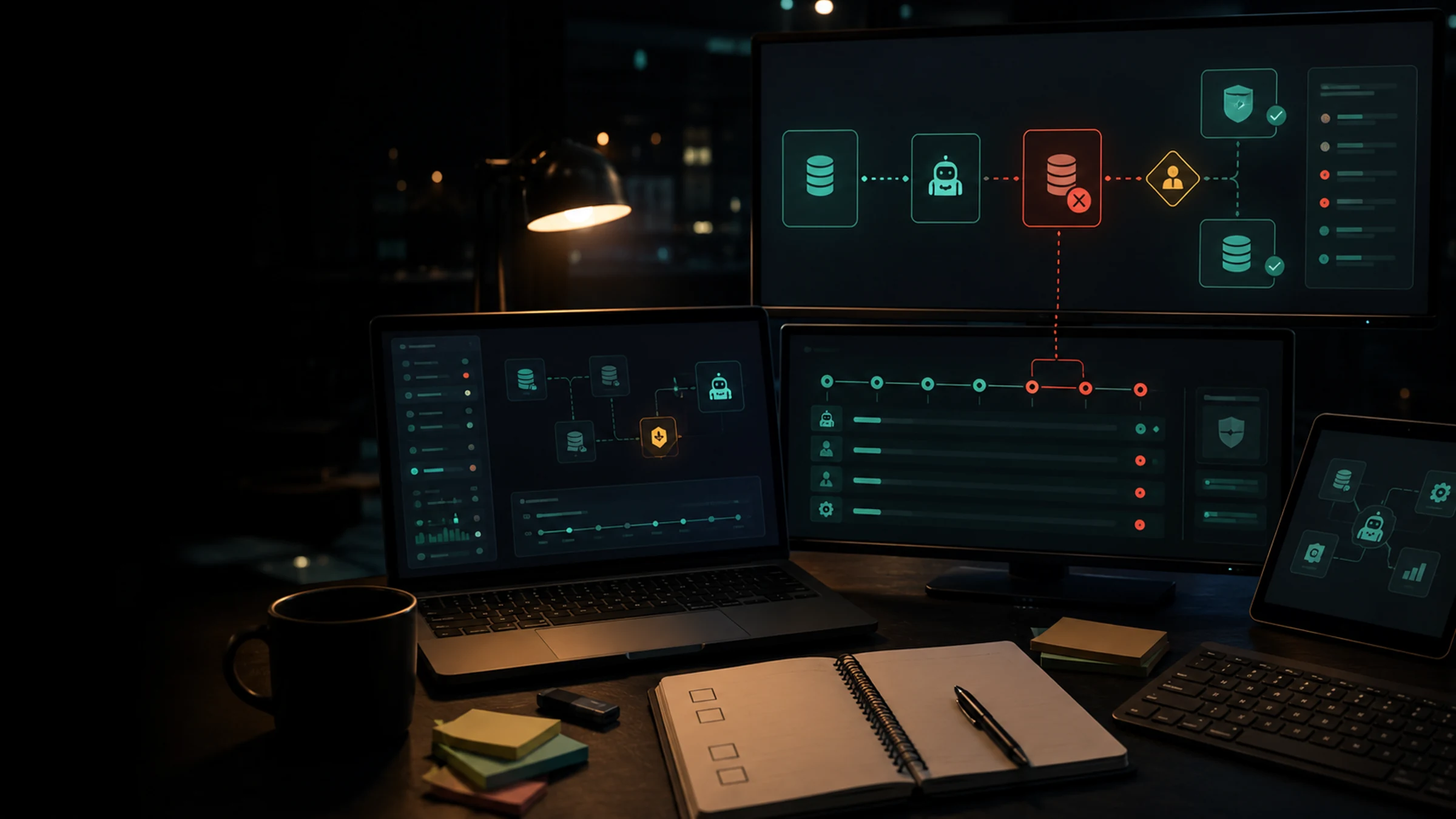 A dark operations room reviewing an AI agent, production database, deletion path, approval gate, and backup flow