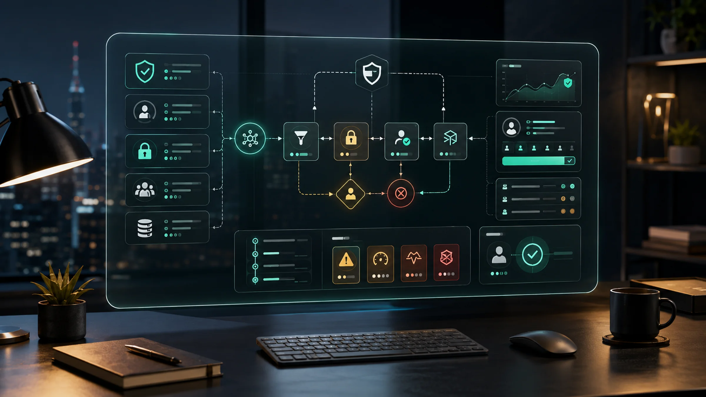 Premium AI agent control dashboard with permission gates, approval checkpoints, audit trail cards, tool access locks, and human review panels