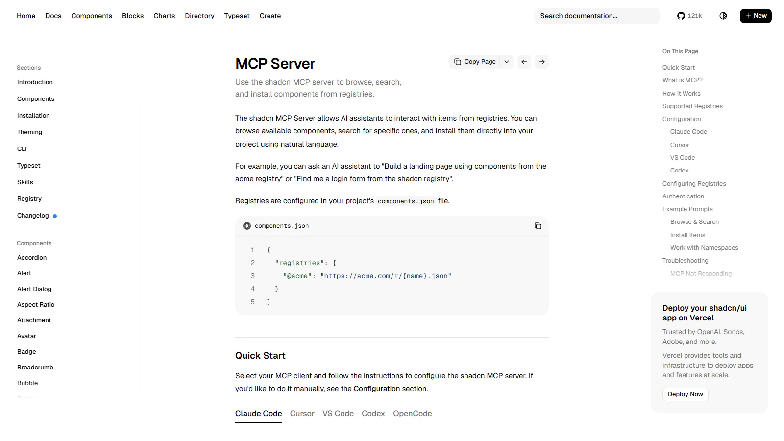 Documentación oficial del MCP Server de shadcn/ui