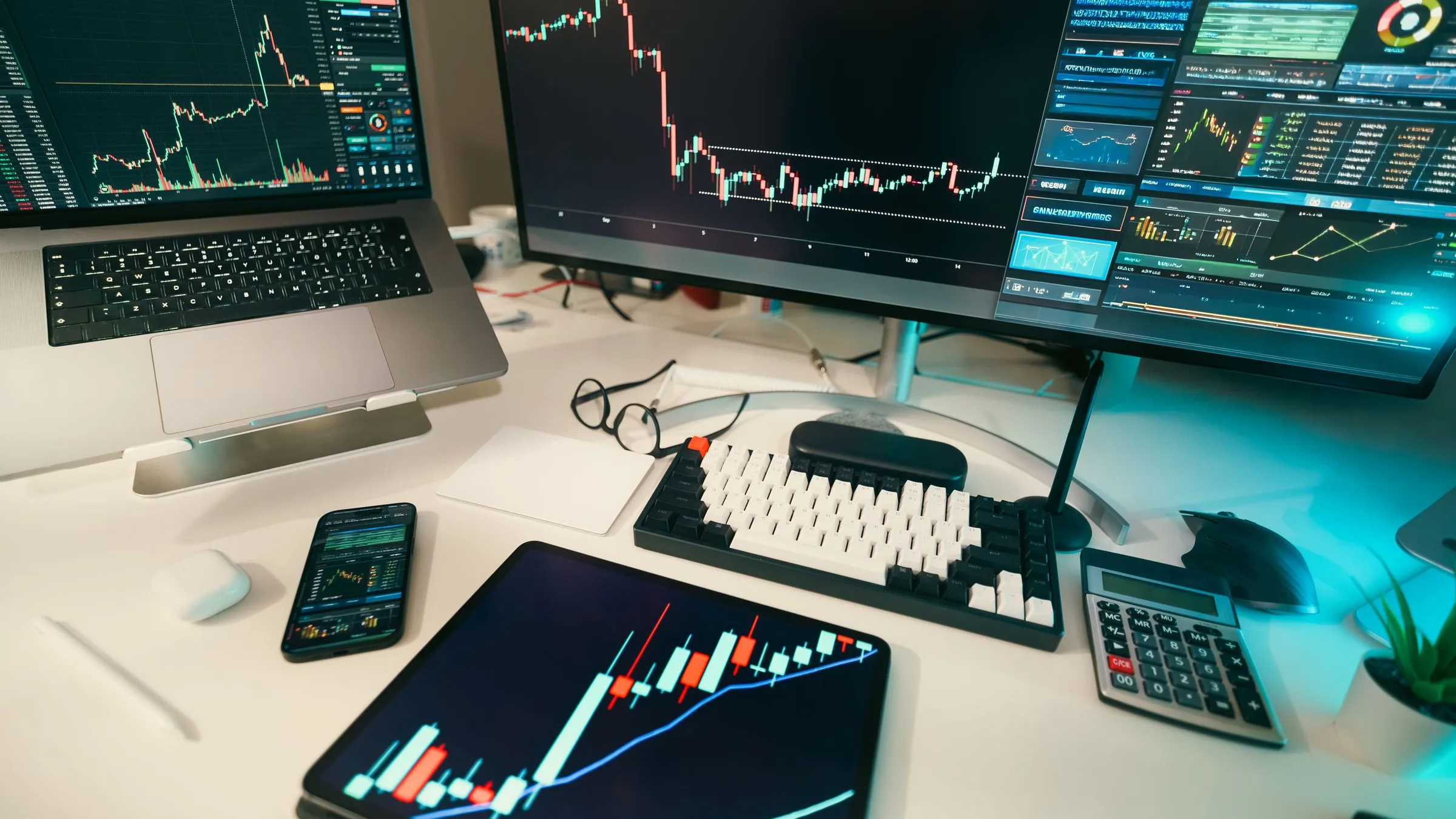 A real trading desk with charts across several screens, used to discuss AI agents moving money and financial-market trust