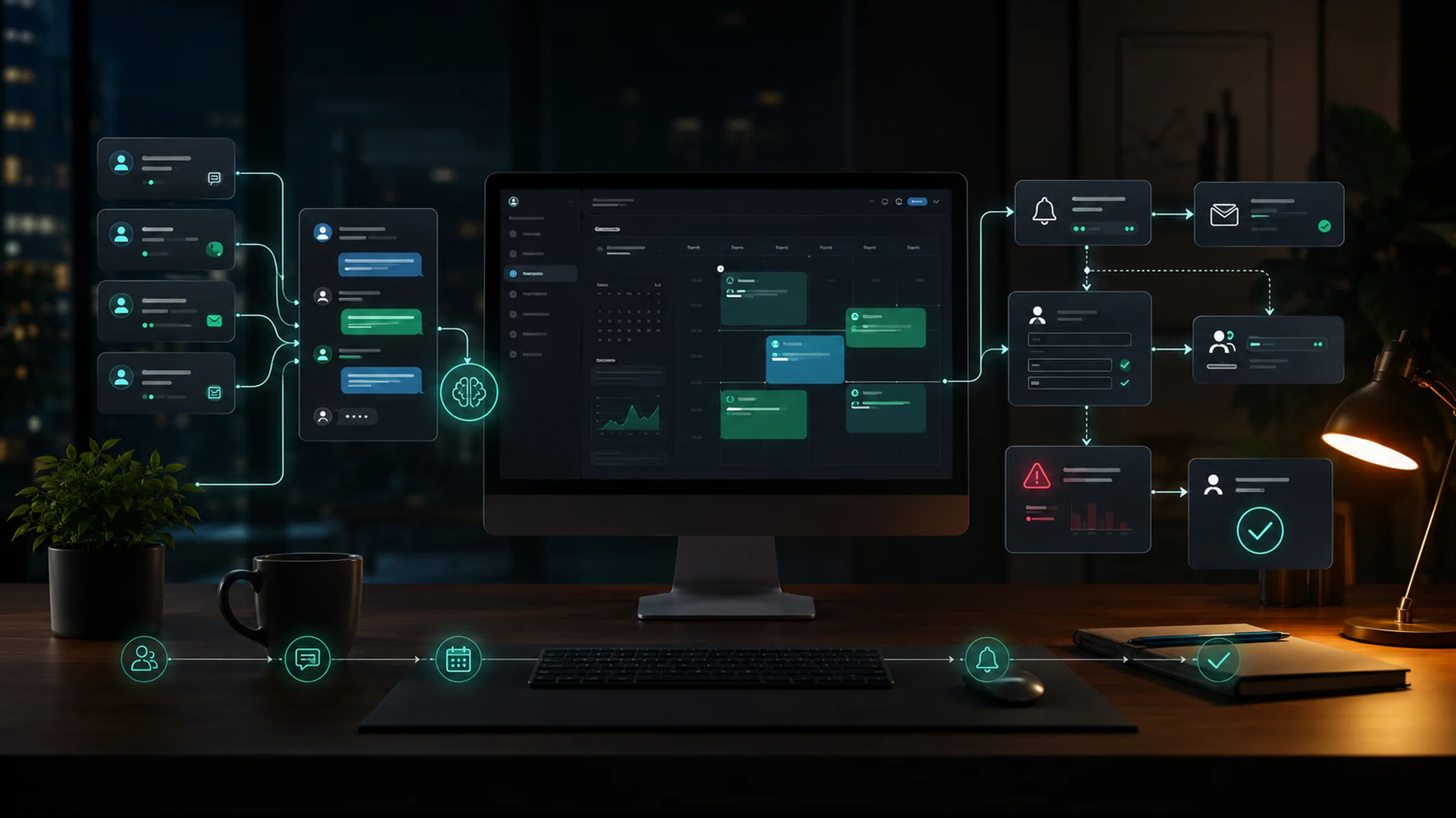AI appointment scheduling workflow workspace with lead requests, calendar availability, reminders, CRM handoff, and review checkpoints