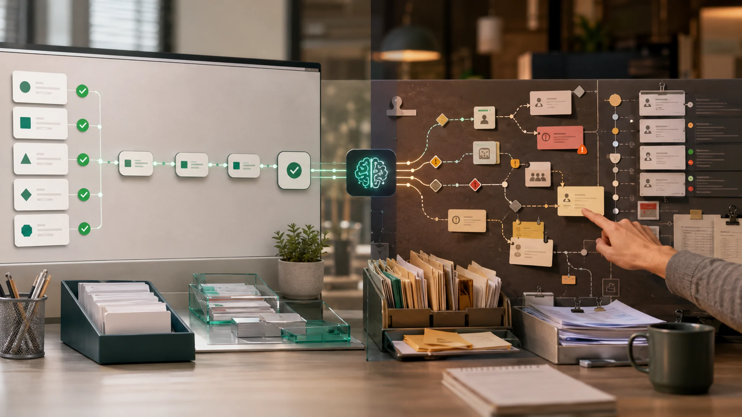 AI automation image showing a clean test workflow beside a real operations board with exceptions, approvals, handoffs, and review queues