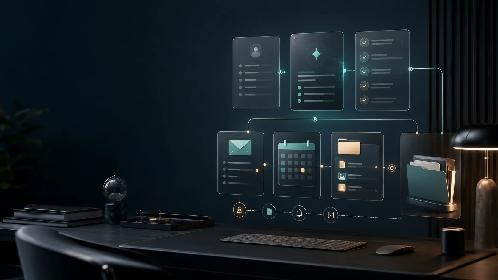 AI-assisted client onboarding workflow dashboard with intake, email, calendar, checklist, and project folder steps