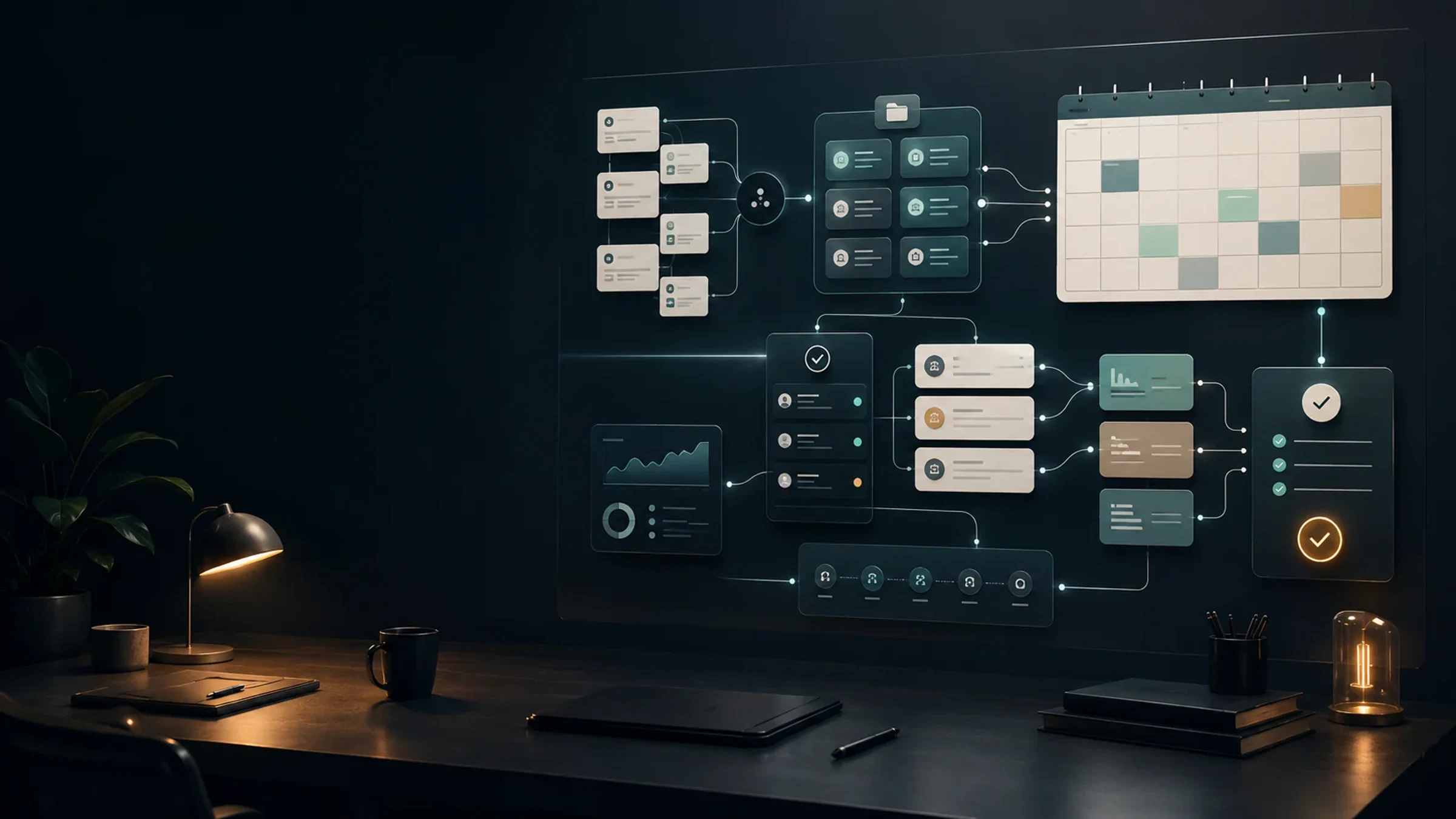 Abstract AI content calendar workflow with research notes, calendar planning cards, approval checkpoints, repurposing paths, and analytics signals