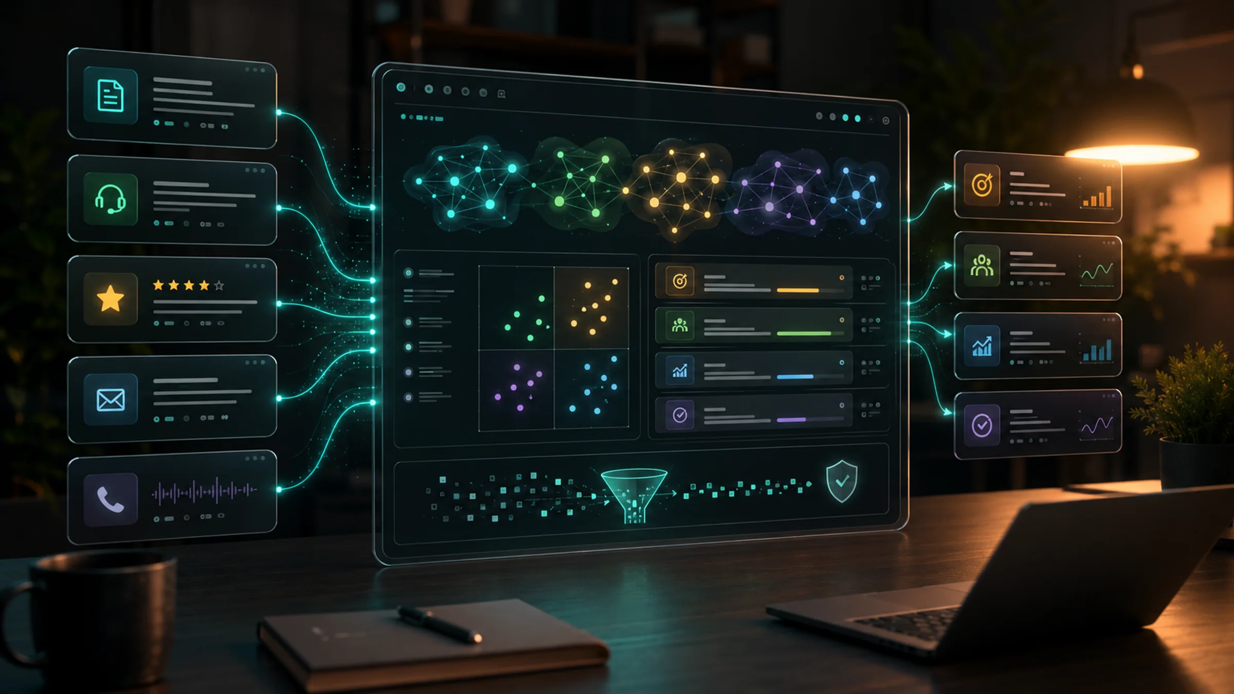 Premium AI customer feedback analysis workspace with survey responses, support tickets, review cards, theme clusters, and priority actions