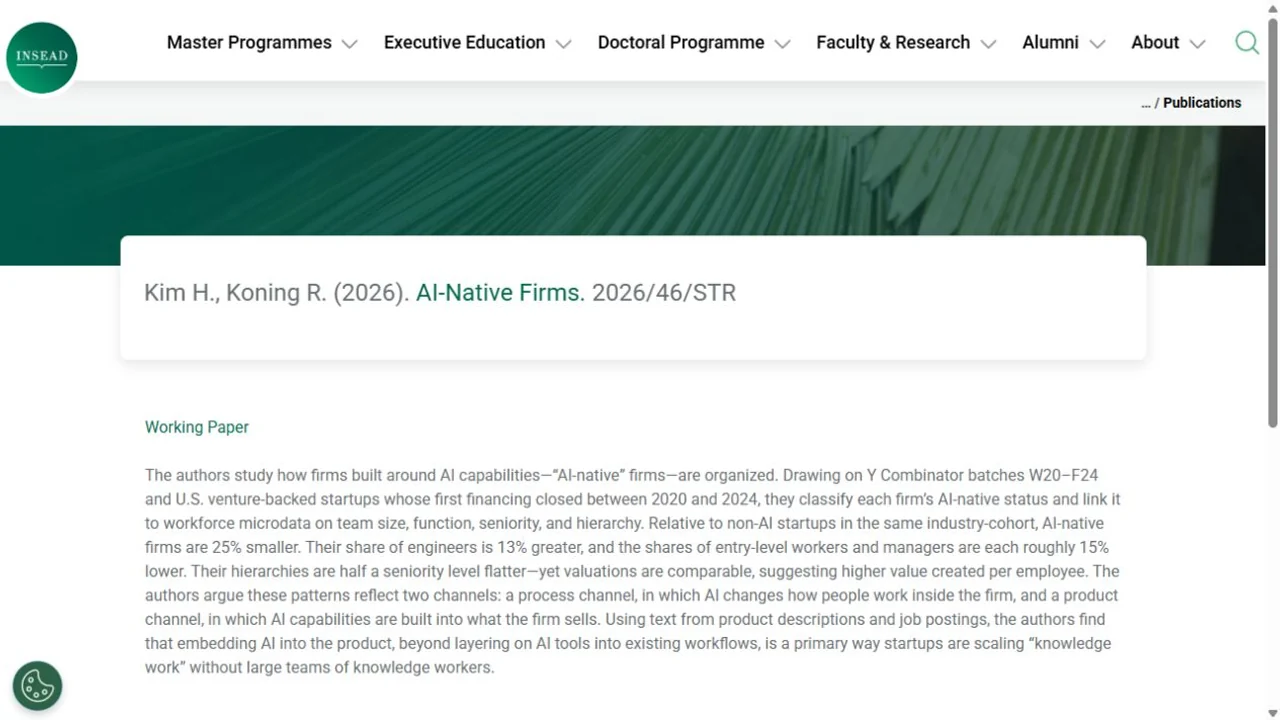 The official INSEAD research page titled AI-Native Firms and describing the workforce structure of AI-native startups