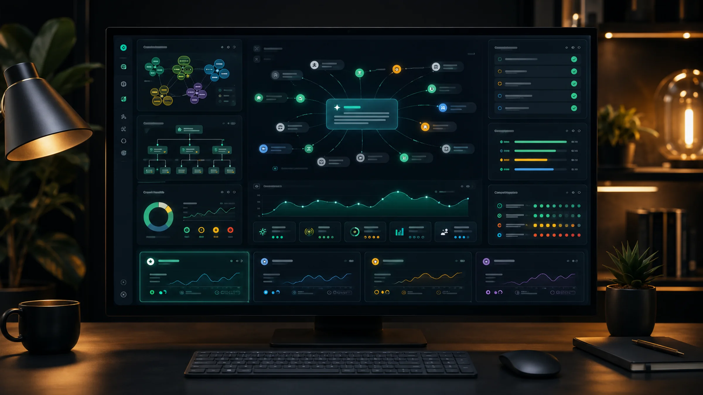 Premium AI search visibility audit workspace with citation maps, prompt clusters, website health signals, and answer engine monitoring panels