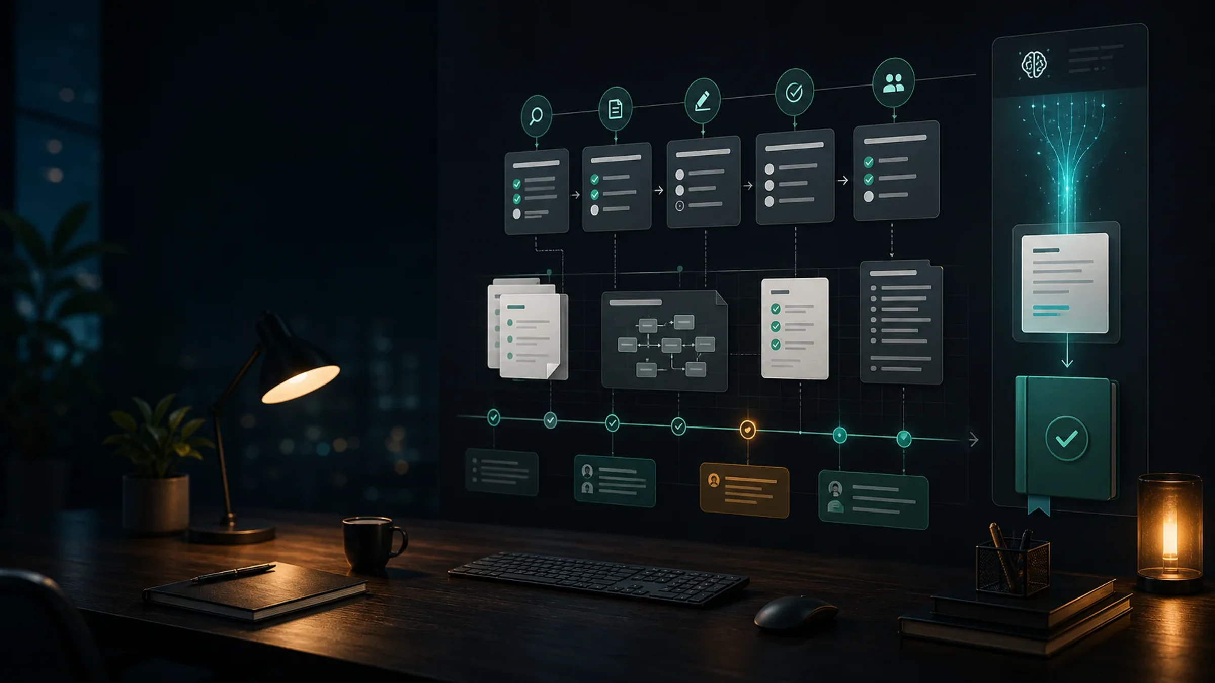 Premium AI-assisted SOP documentation workflow with process cards, approval checkpoints, owner handoffs, and a structured operating manual