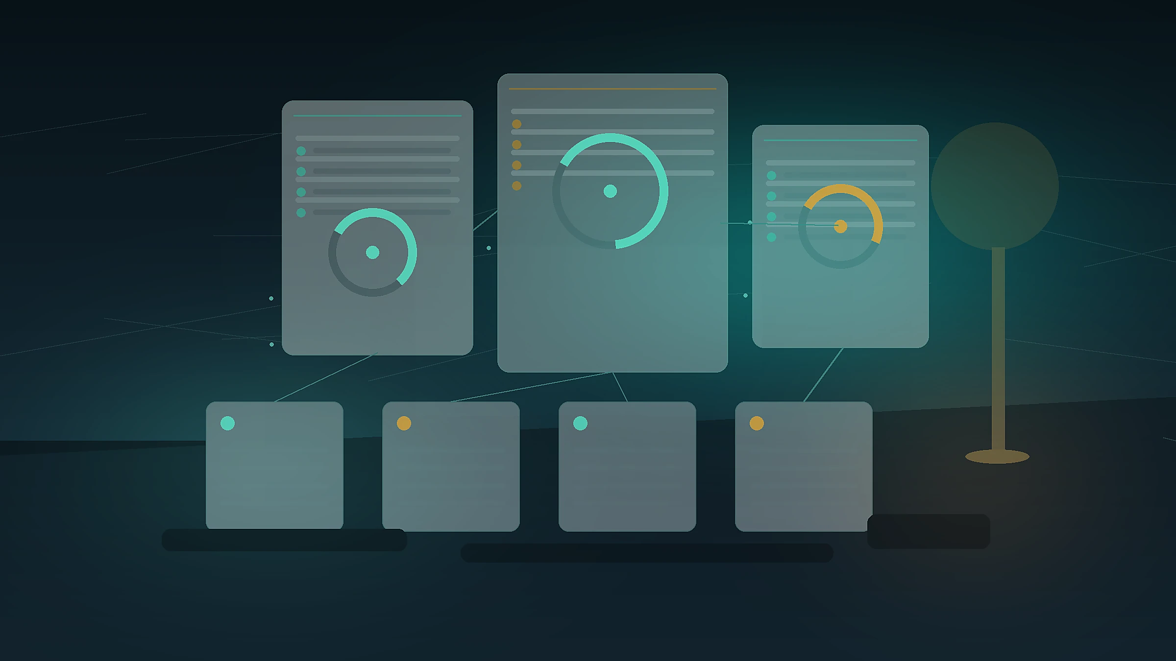 AI workflow audit scorecard dashboard with checklist cards, score gauges, risk signals, and connected process steps