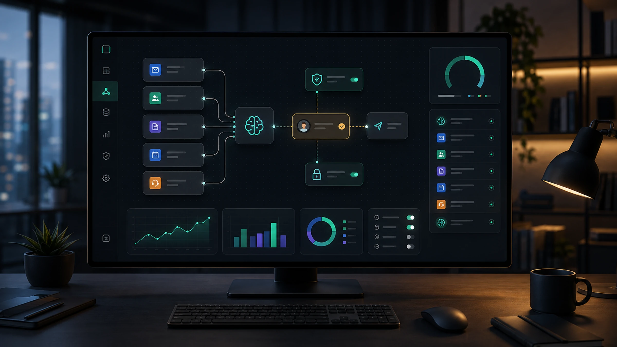 Premium AI agent workflow builder workspace with connected app cards, approval checkpoints, guardrail controls, and activity panels