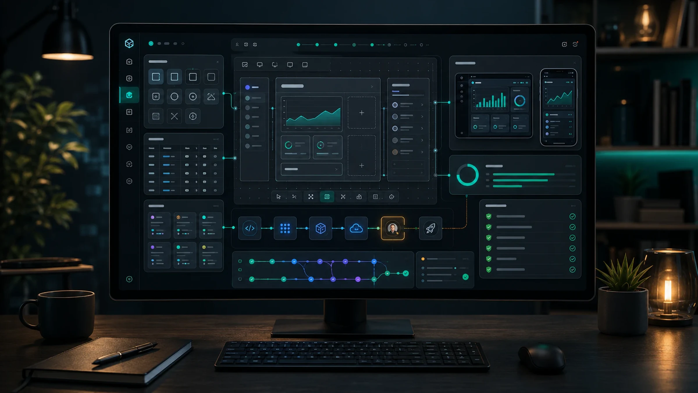 Premium AI app builder workspace with app canvas, database tables, deployment flow, credit meter, and review controls