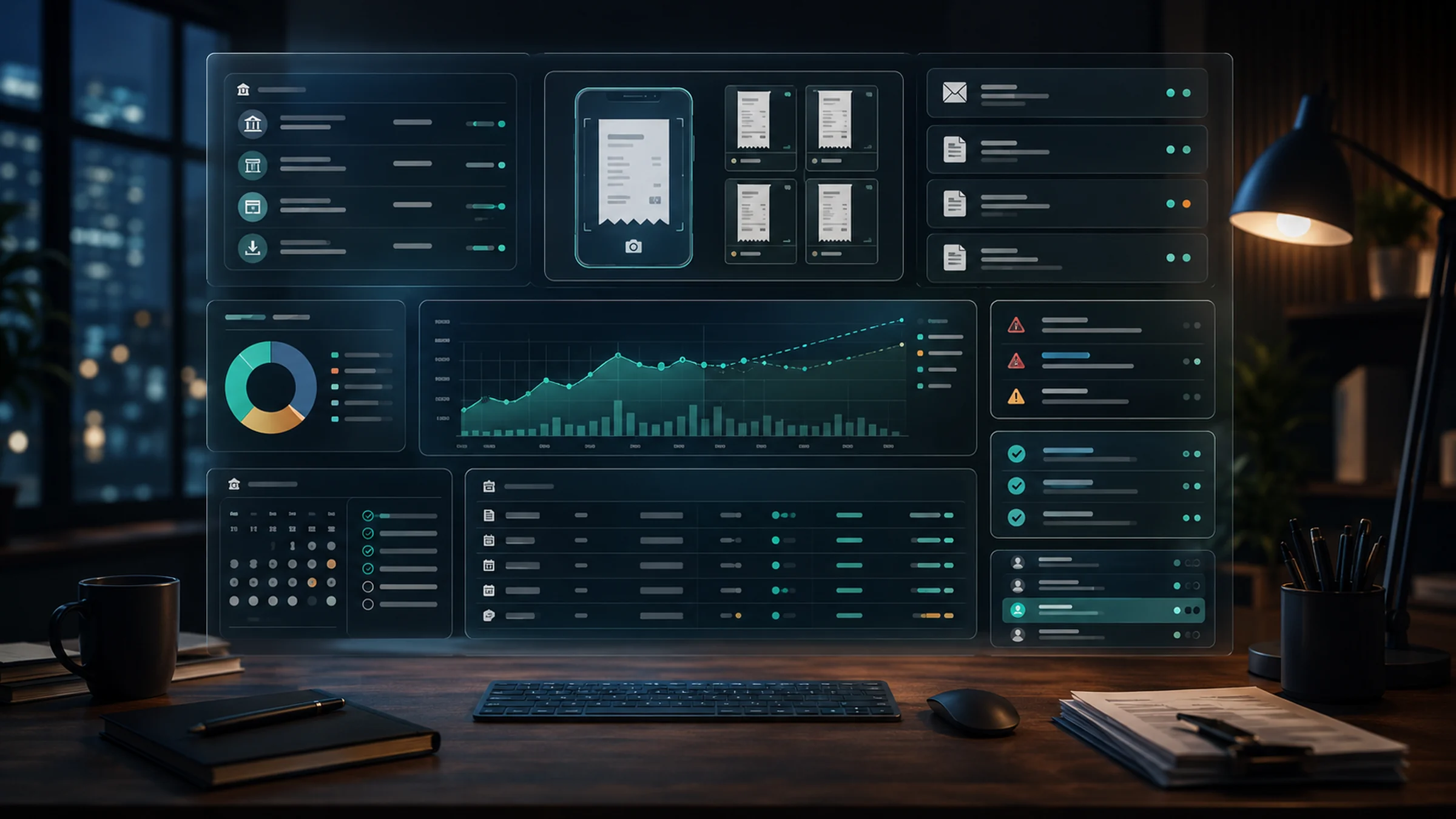 Premium AI bookkeeping dashboard with bank feed, receipt capture, invoice reminders, cash-flow forecast, anomaly flags, and accountant review queue