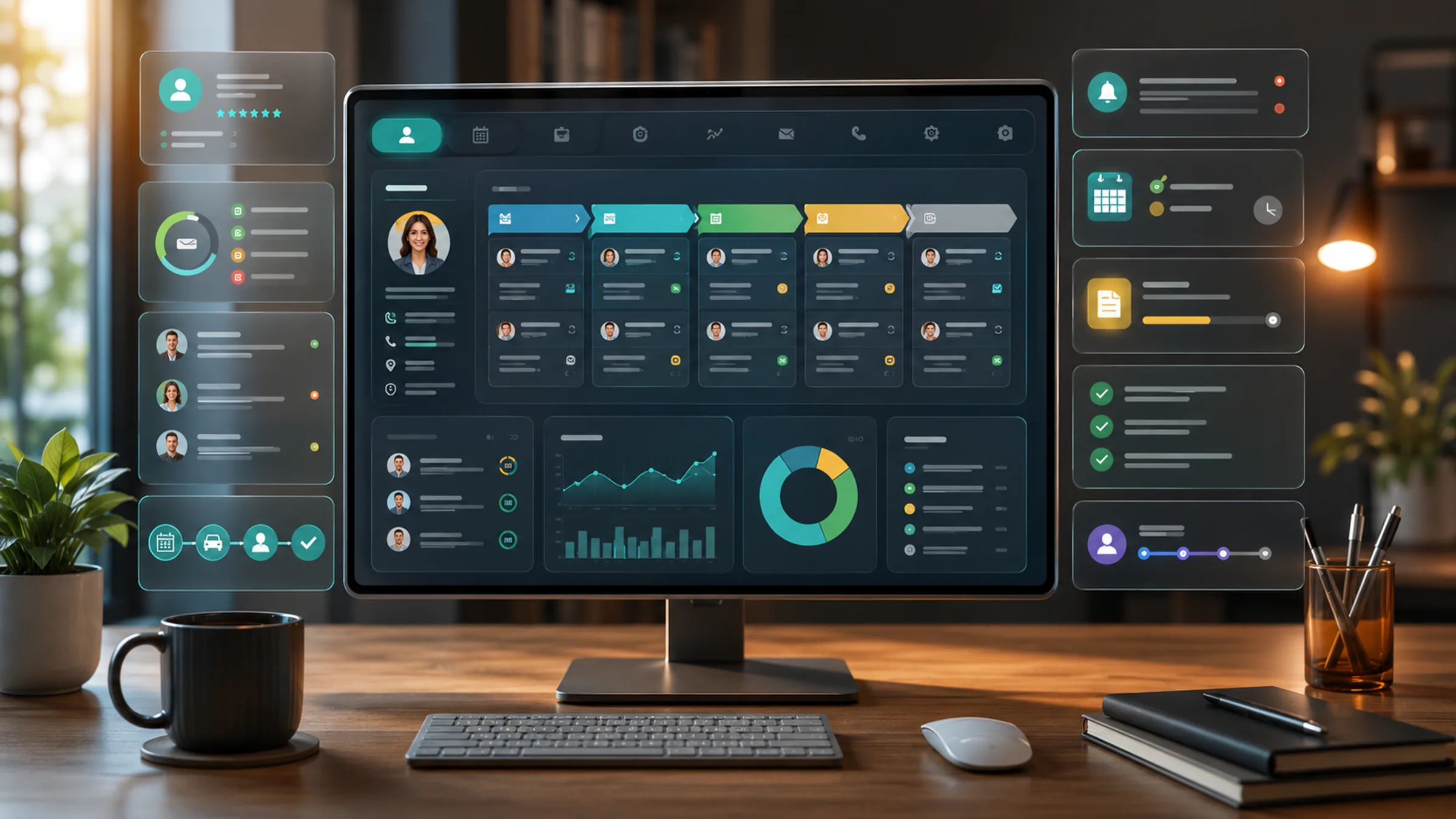 Premium AI CRM workspace with sales pipeline cards, lead scoring signals, follow-up reminders, client records, proposal status, and reporting panels