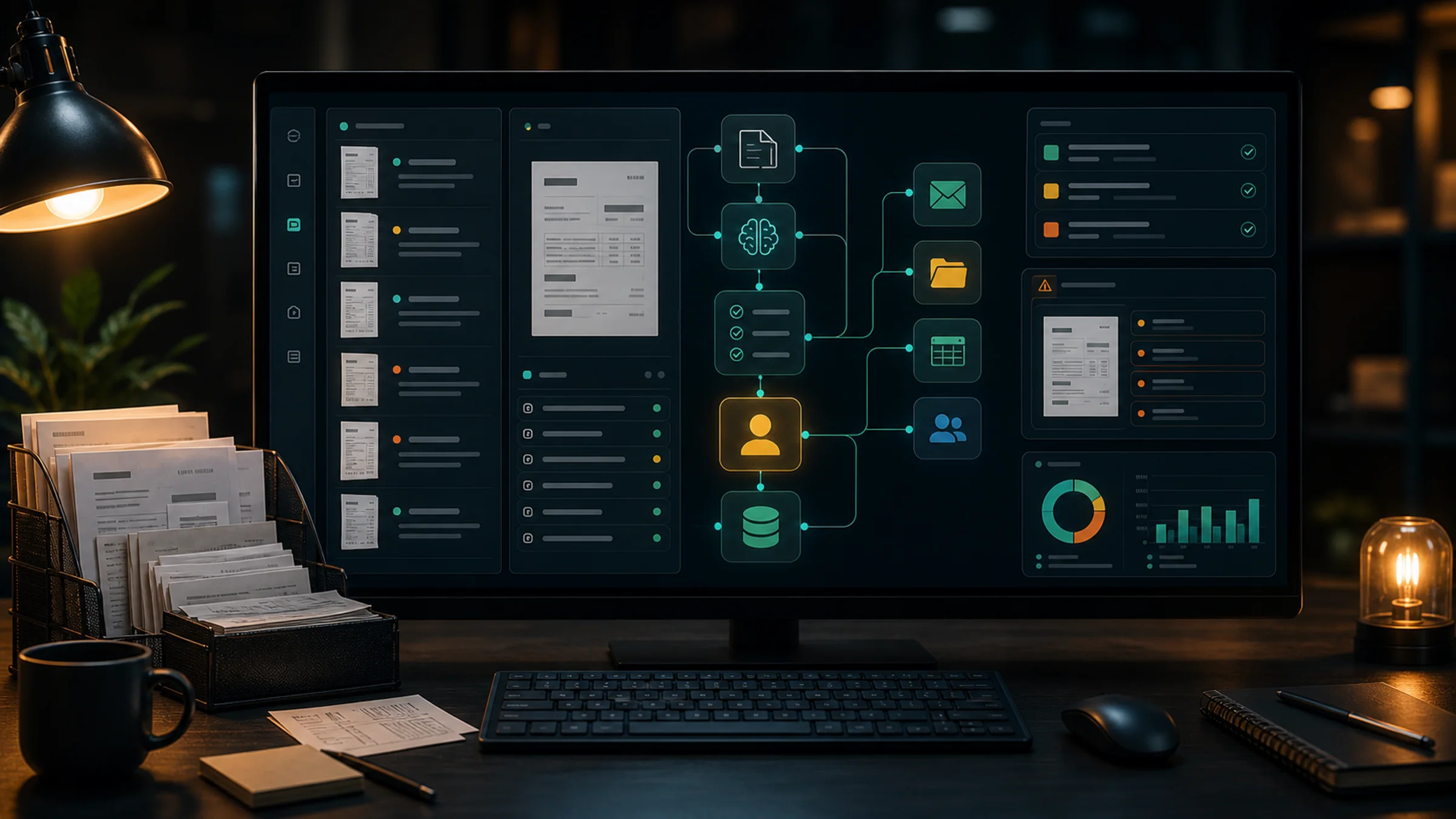 Premium document automation workspace with invoice inbox, PDF extraction fields, approval queue, accounting sync, and exception review panels