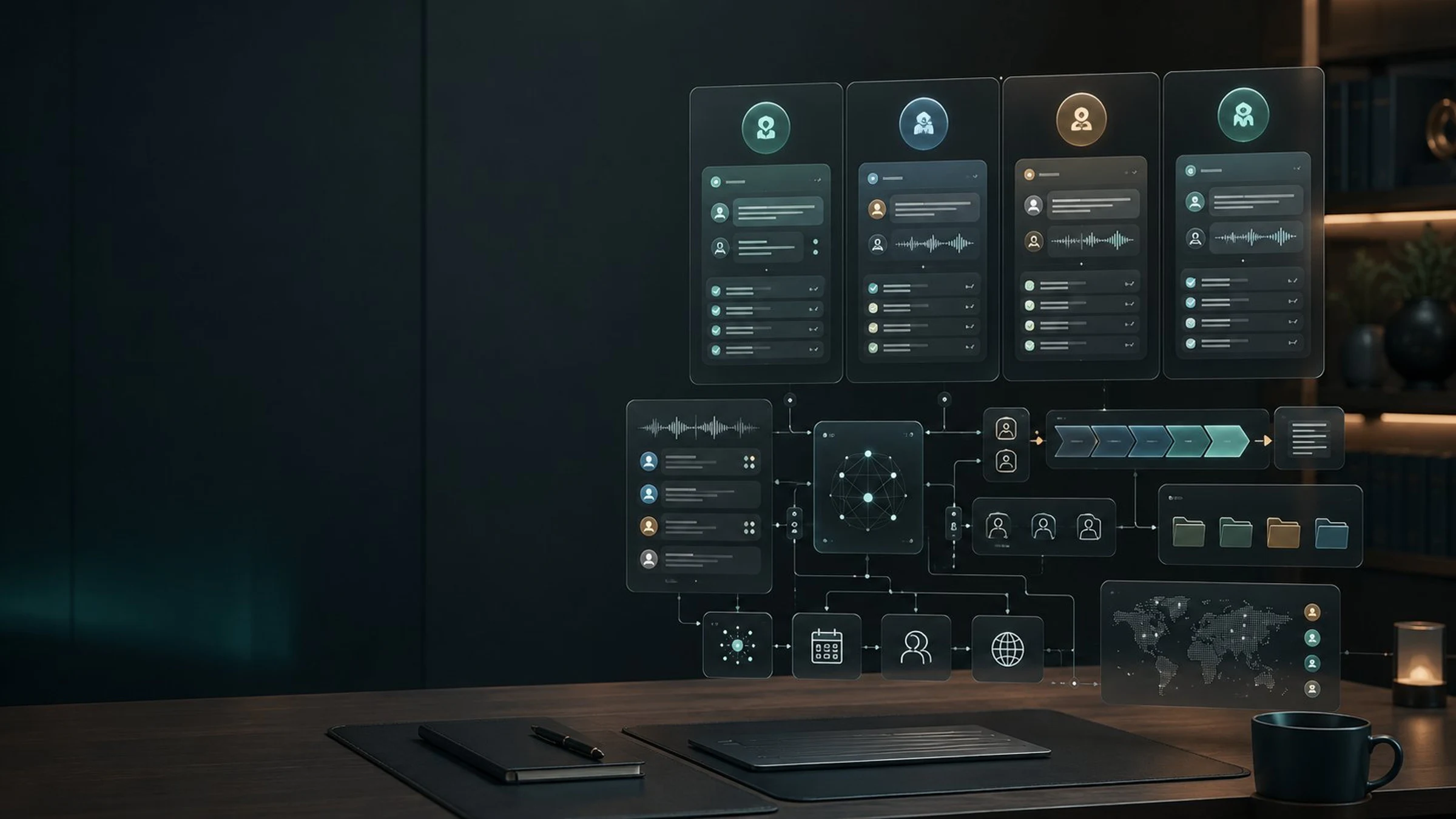 Four AI meeting assistant panels with transcript cards, action items, CRM sync arrows, and multilingual note signals