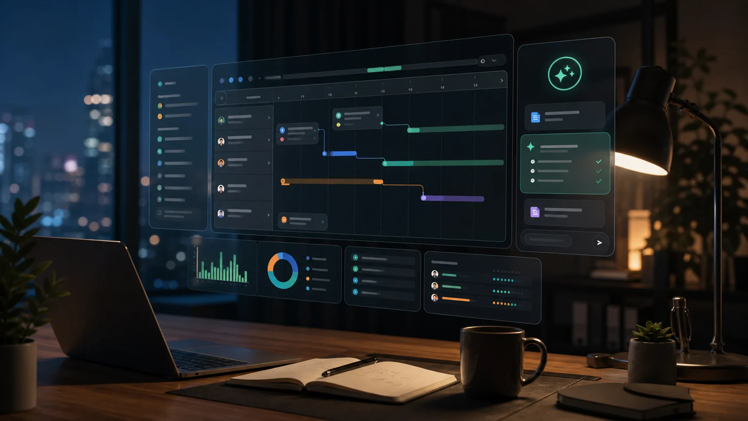 Premium AI project management workspace with task boards, timelines, calendar blocks, workload signals, and connected team updates