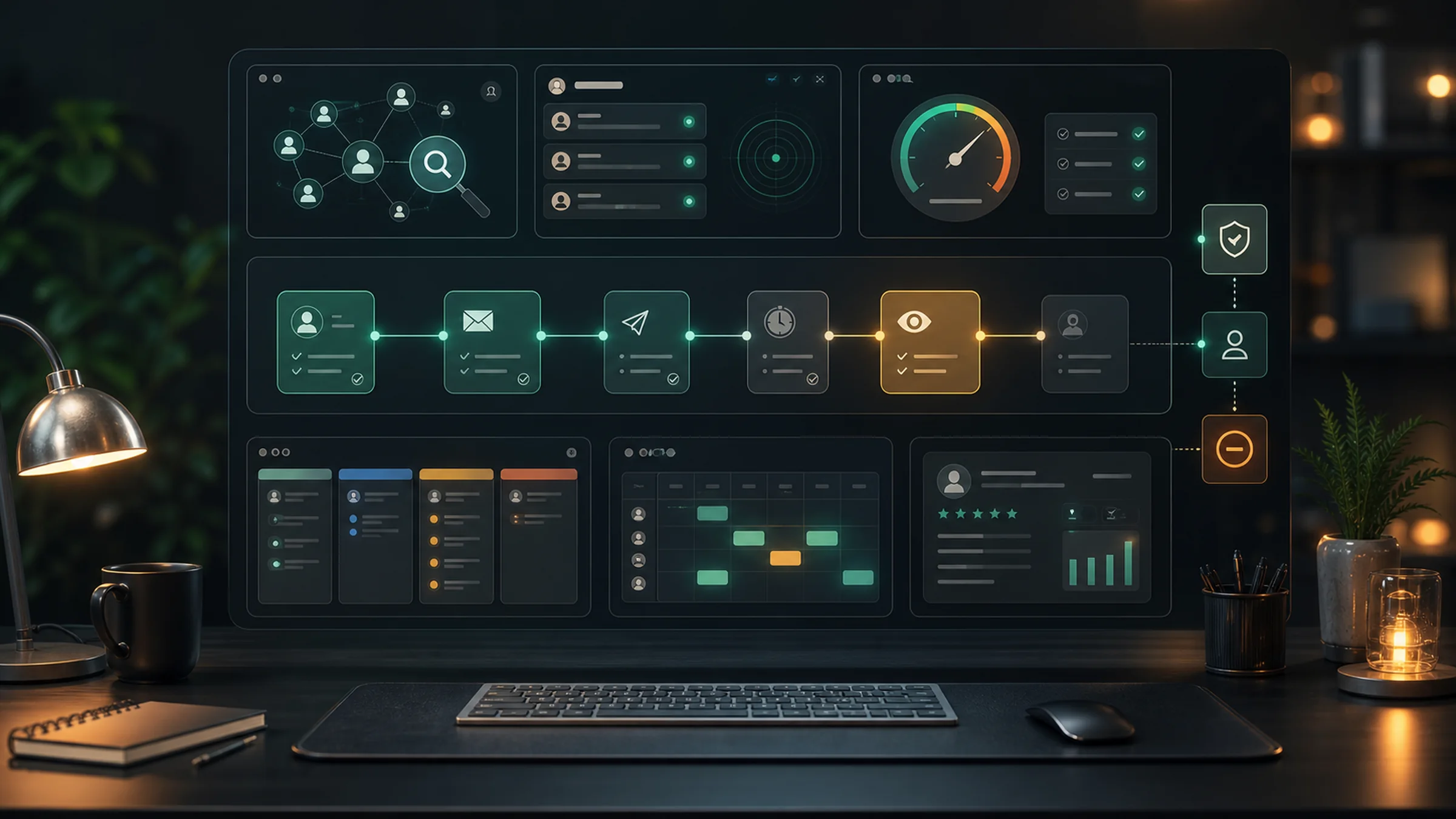 Premium AI sales outreach workspace with lead research cards, approved sequence steps, CRM pipeline stages, deliverability signals, and human review checkpoints
