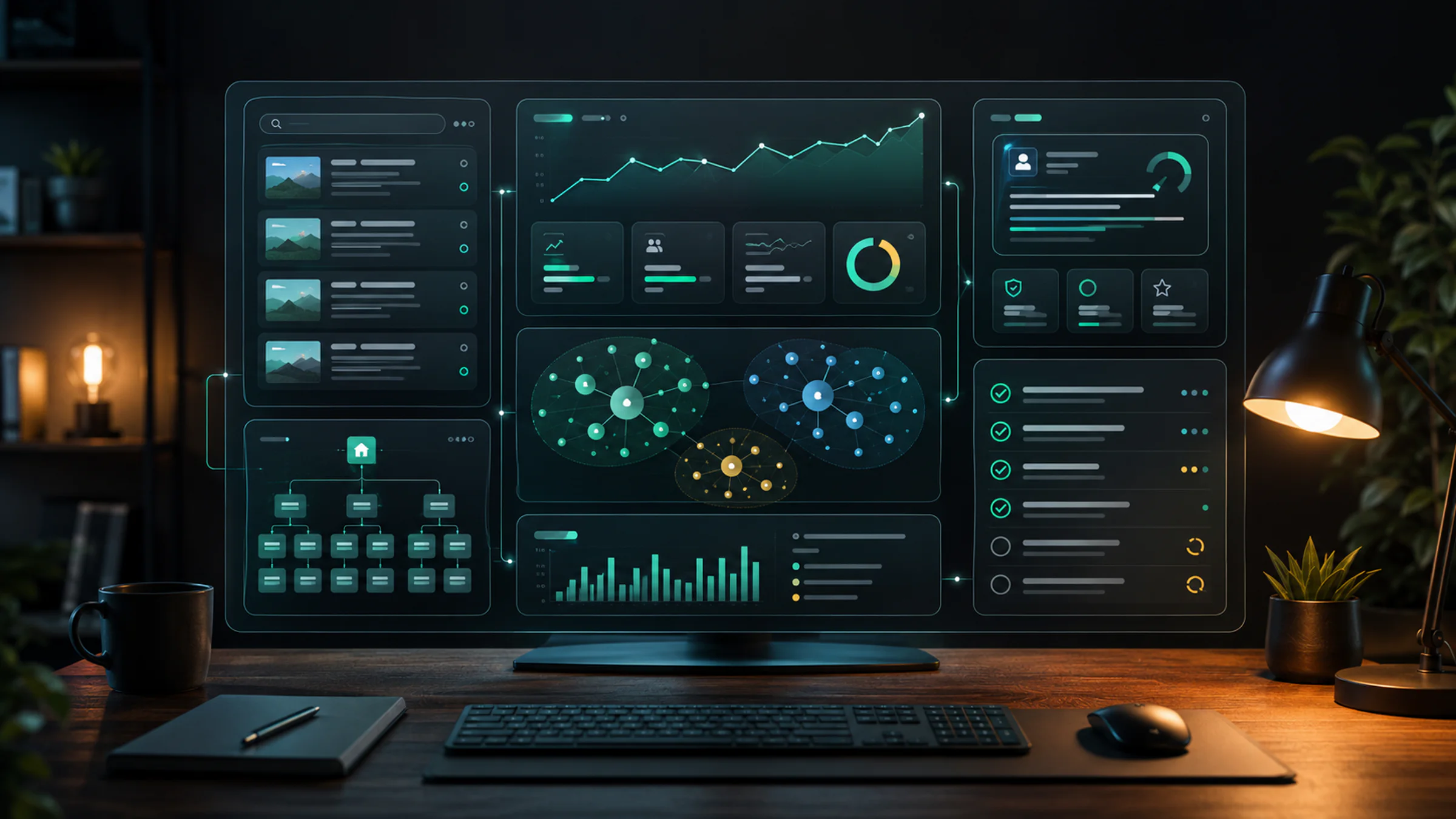 Premium AI SEO workspace showing search result cards, AI visibility panels, keyword clusters, content refresh checks, analytics, and a small-site map