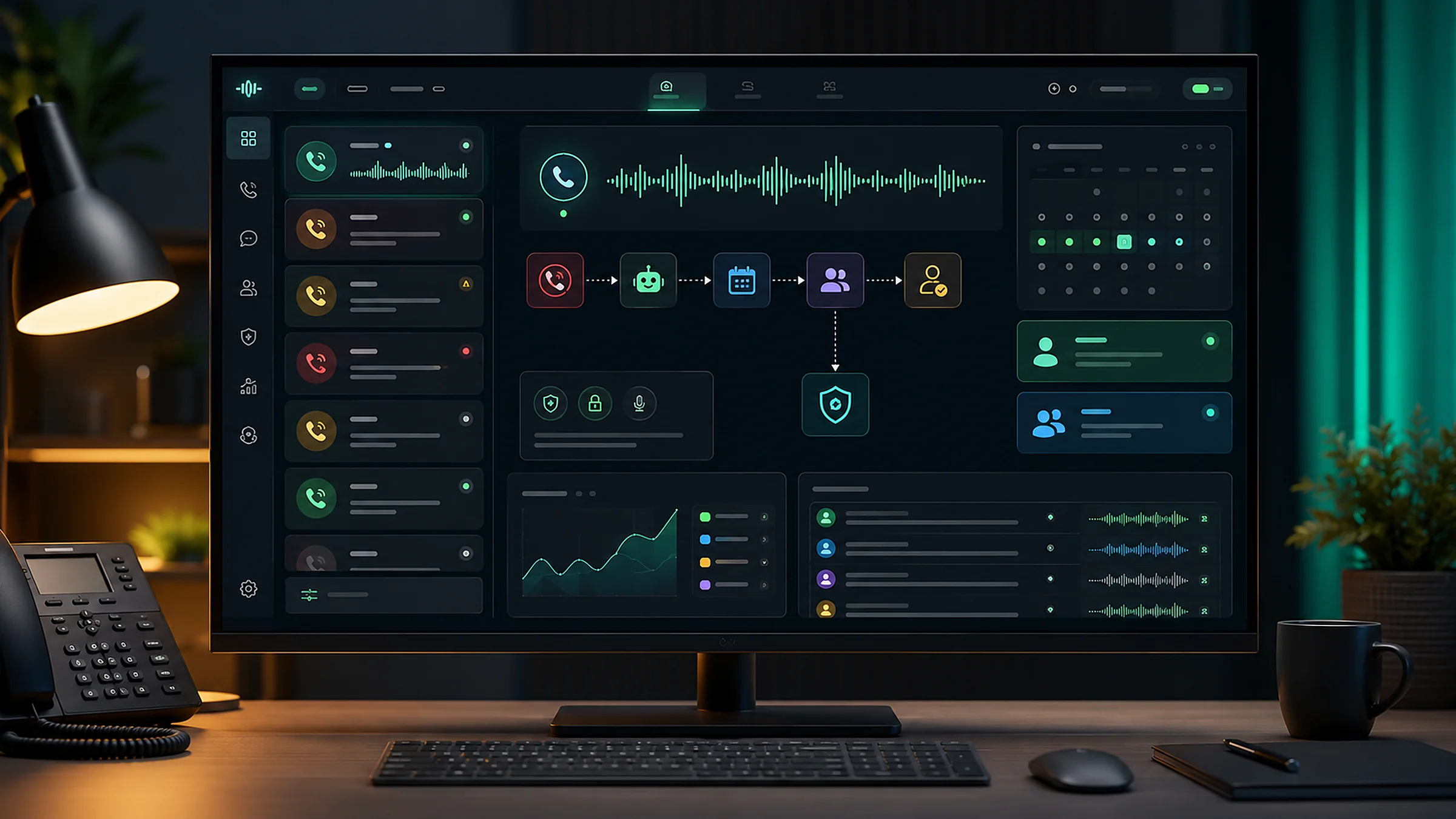 Premium AI phone agent command center with call queue cards, voice waveform panels, booking calendar, CRM handoff, and compliance guardrails