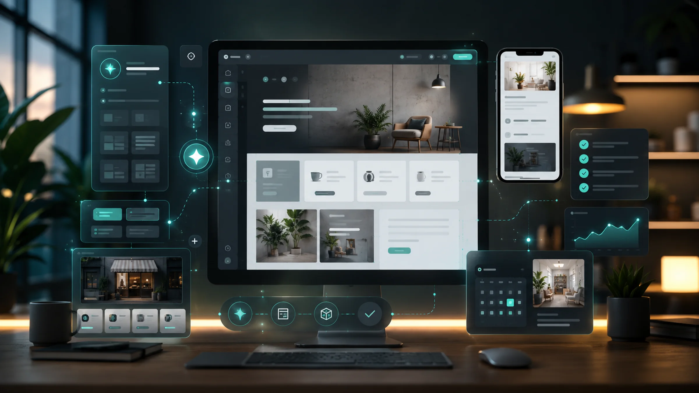Premium AI website builder workspace showing a small business site, mobile preview, storefront cards, service booking blocks, and analytics panels