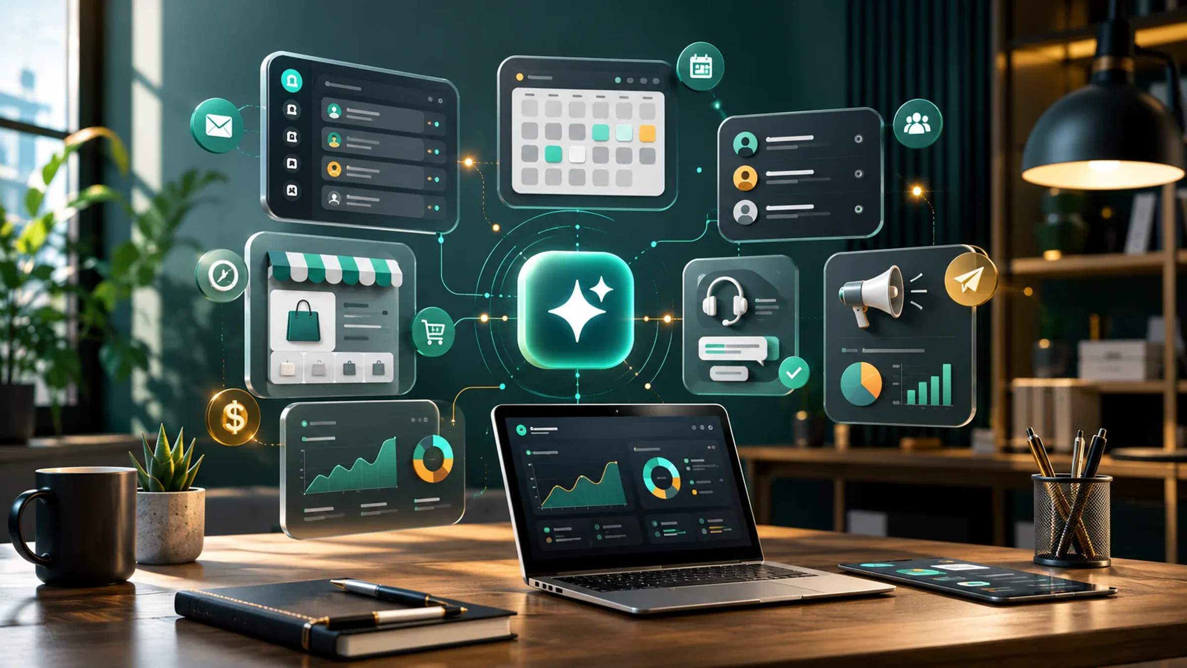 Premium AI workflow command desk with four assistant panels, document cards, spreadsheet blocks, inbox items, and automation paths