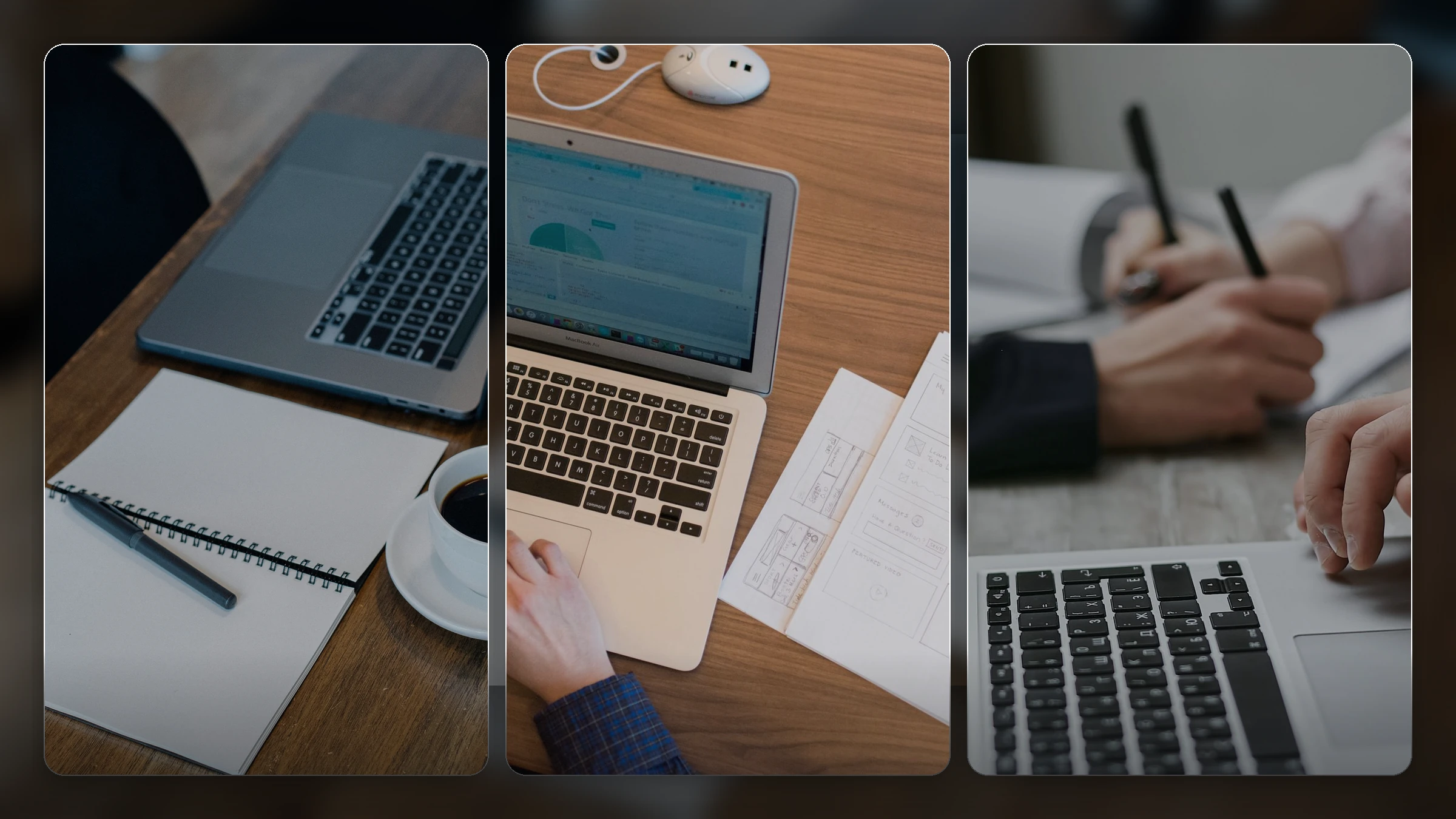 An editorial collage of three real work scenes with laptop, notes, and document review, used to frame a practical ChatGPT, Claude, and Gemini comparison