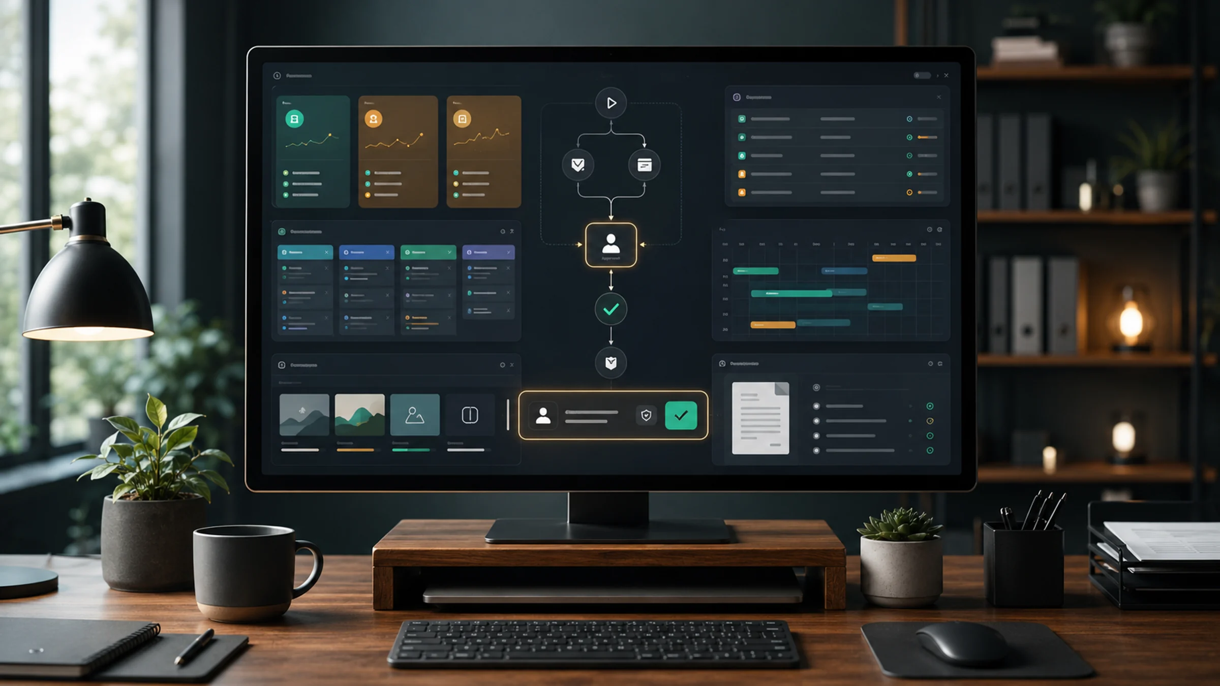 Small business operations desk with finance cards, CRM pipeline, campaign assets, approval controls, and connected AI workflow panels