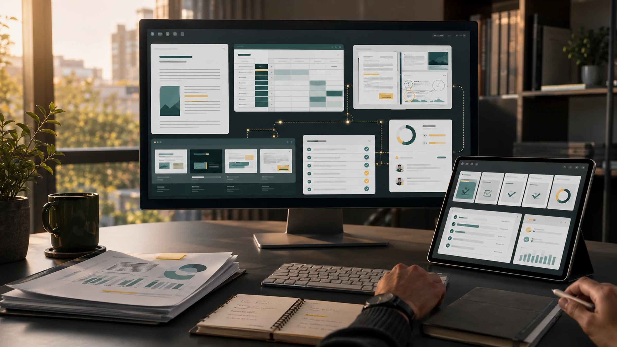 A premium work desk with document drafts, spreadsheet blocks, PDF review panels, presentation slides, and approval checklists arranged across one monitor and tablet