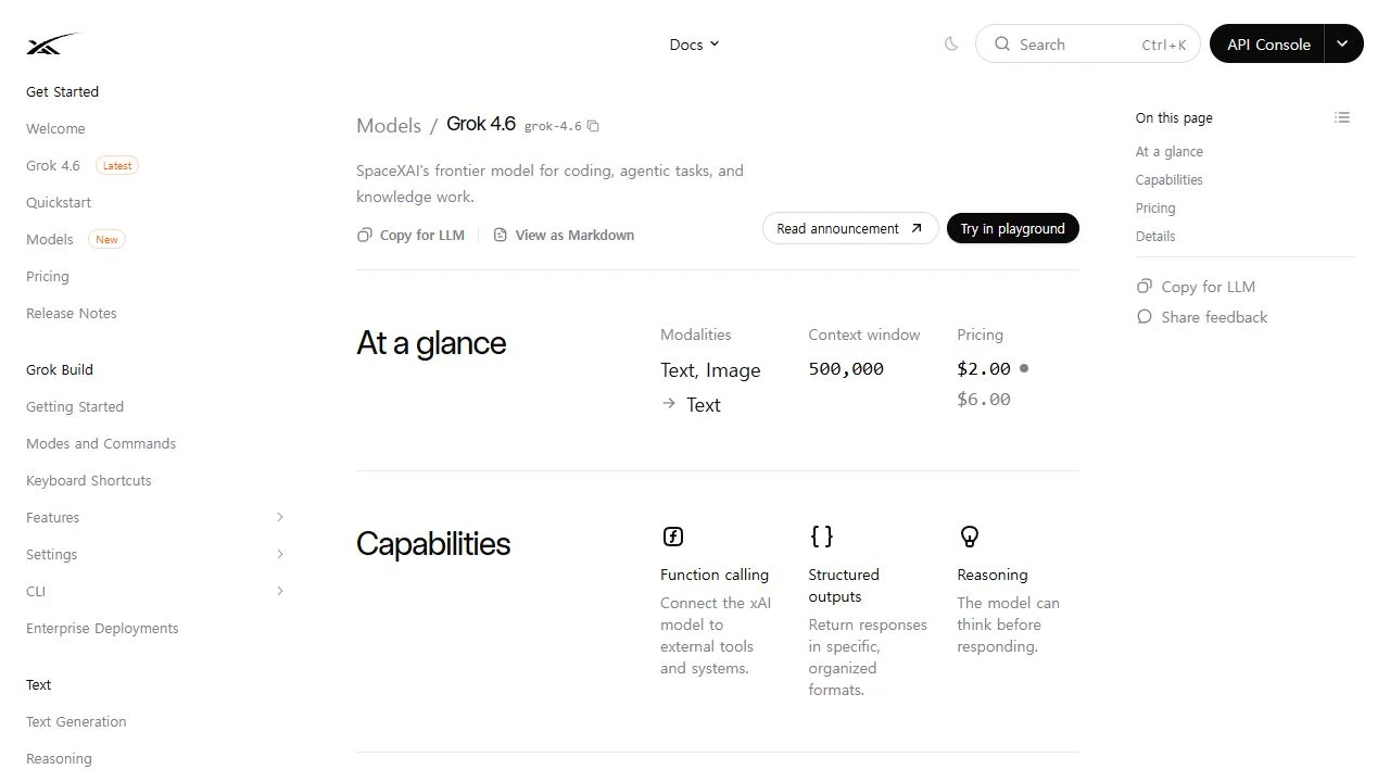 Documentación de xAI con el contexto y los precios de entrada, caché y salida de Grok 4.6