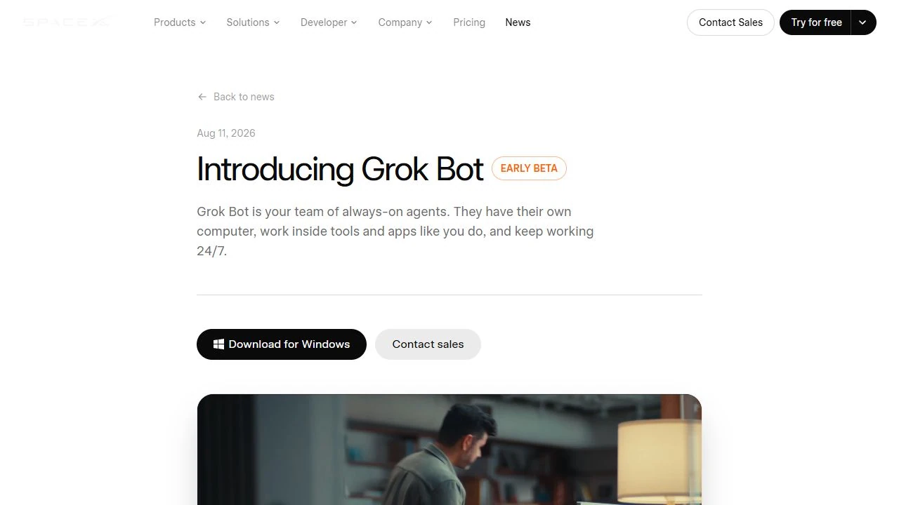 Página oficial de xAI que presenta Grok Bot como un agente capaz de trabajar en un ordenador en la nube