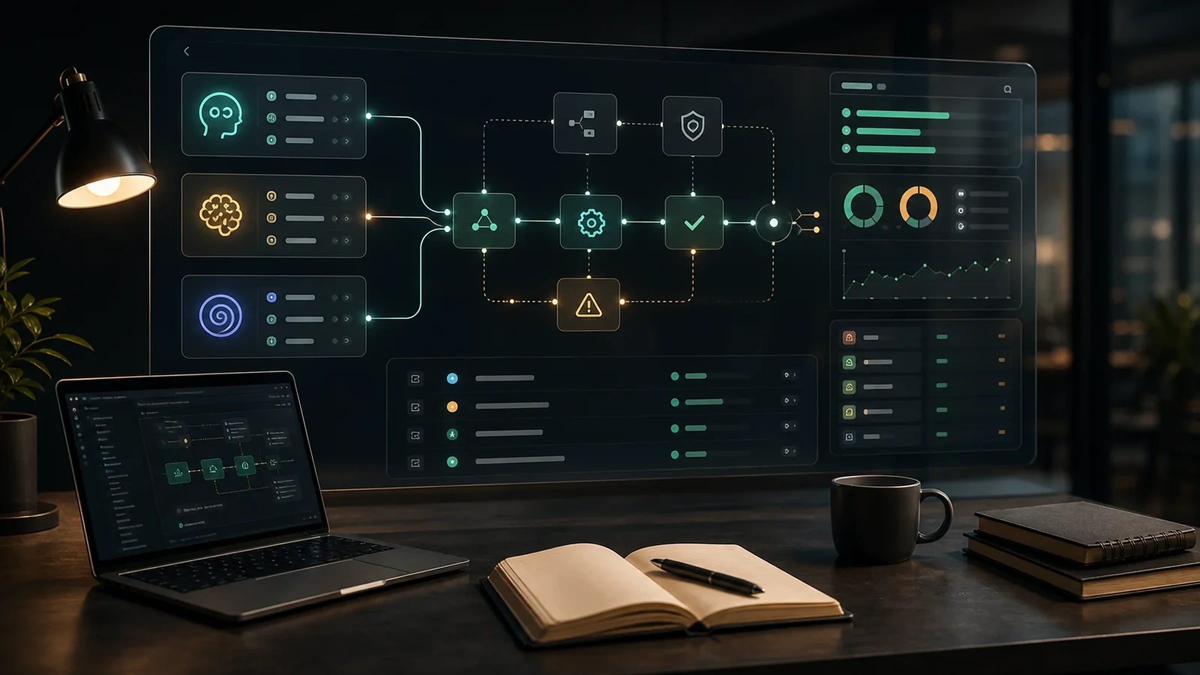Operations desk showing a persistent AI agent memory store, repeatable workflow cards, and a human review checkpoint