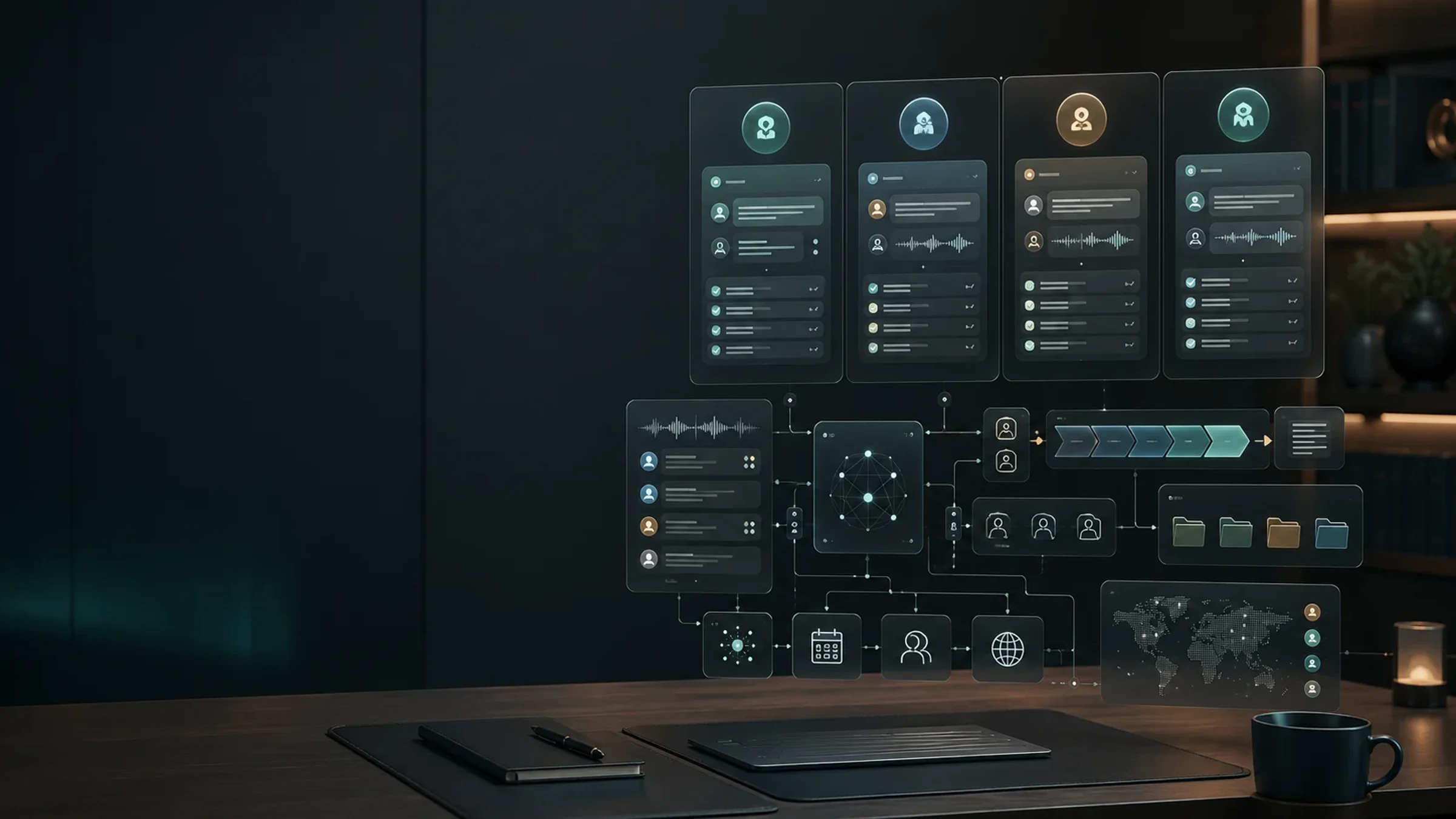 Premium AI customer support operations desk with inbox tickets, knowledge base cards, escalation path, and resolution analytics
