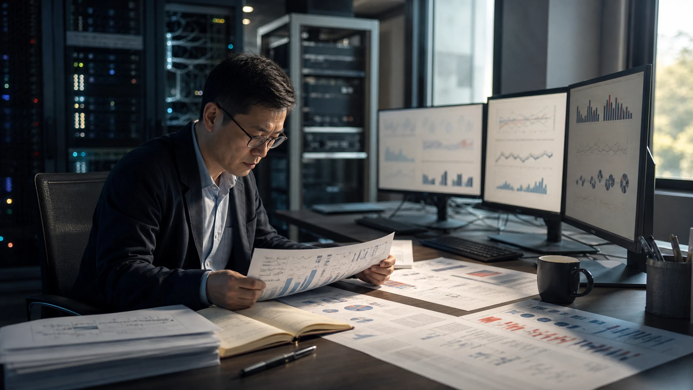 East Asian analyst comparing AI model performance and cost data across large monitors in a working studio