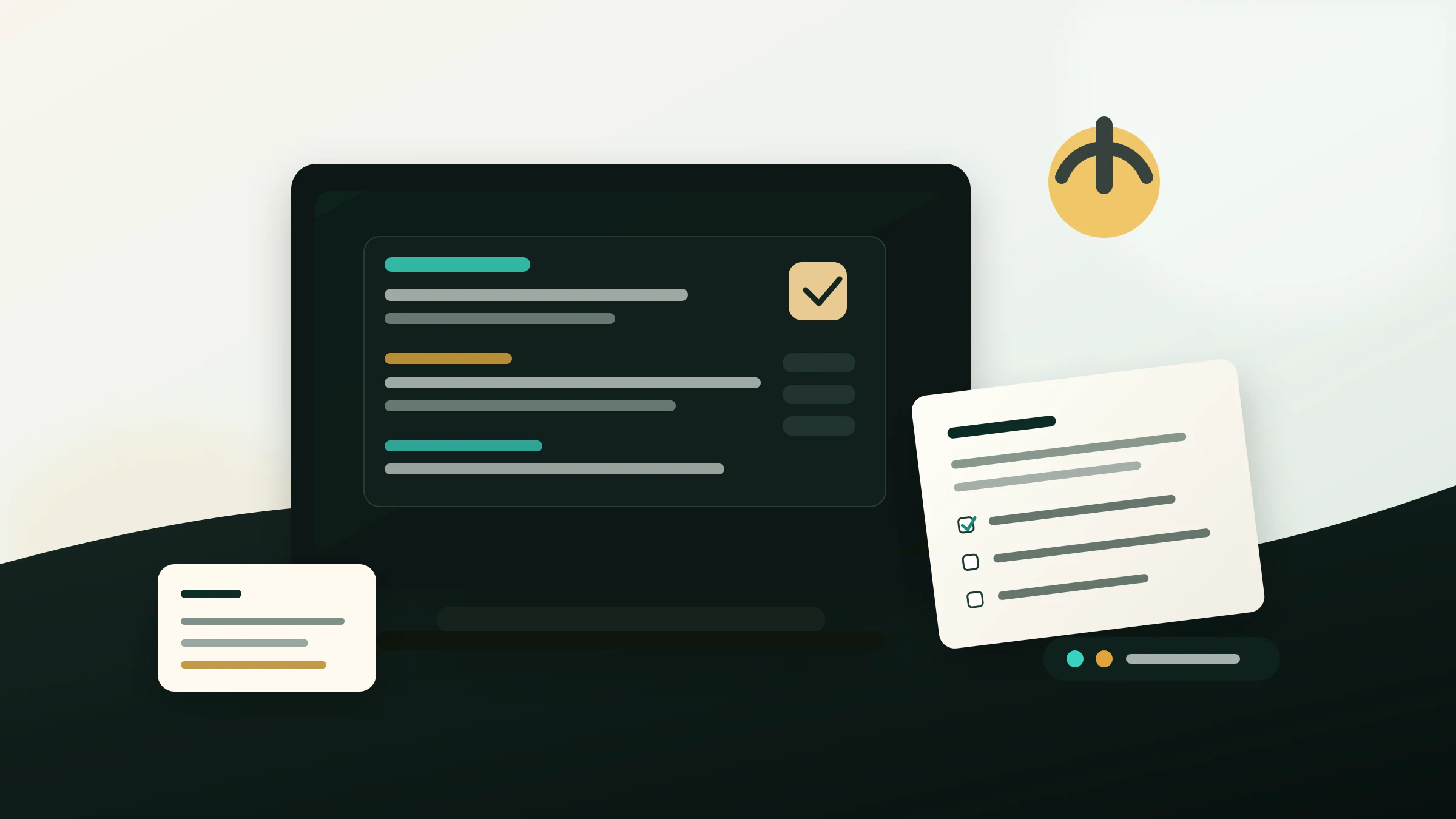 A clean editorial illustration of a Markdown work instruction on a dark work screen with checklist cards and approval markers