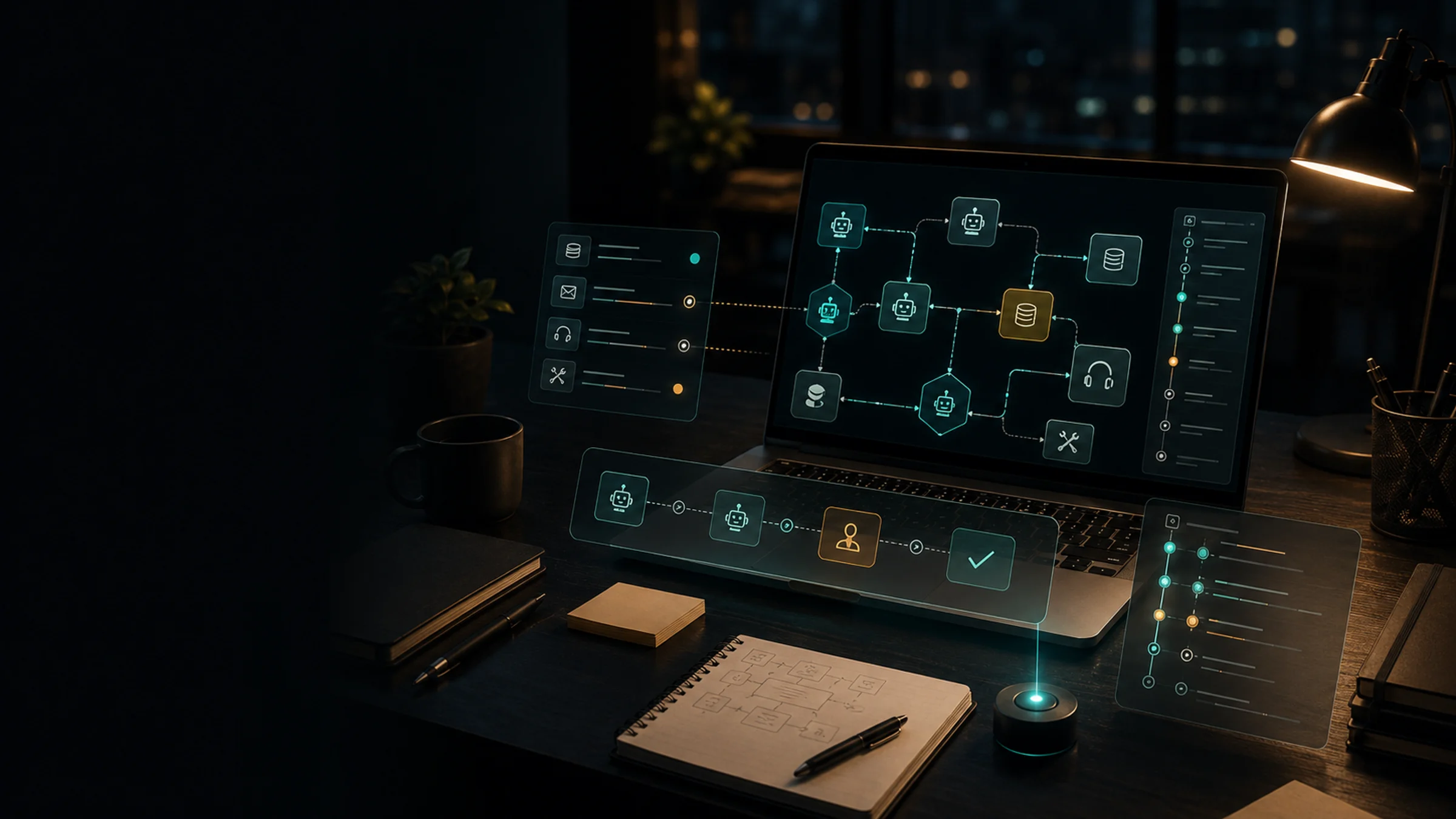 A dark operations desk showing connected AI agents, business tools, approval points, and audit logs for automation design