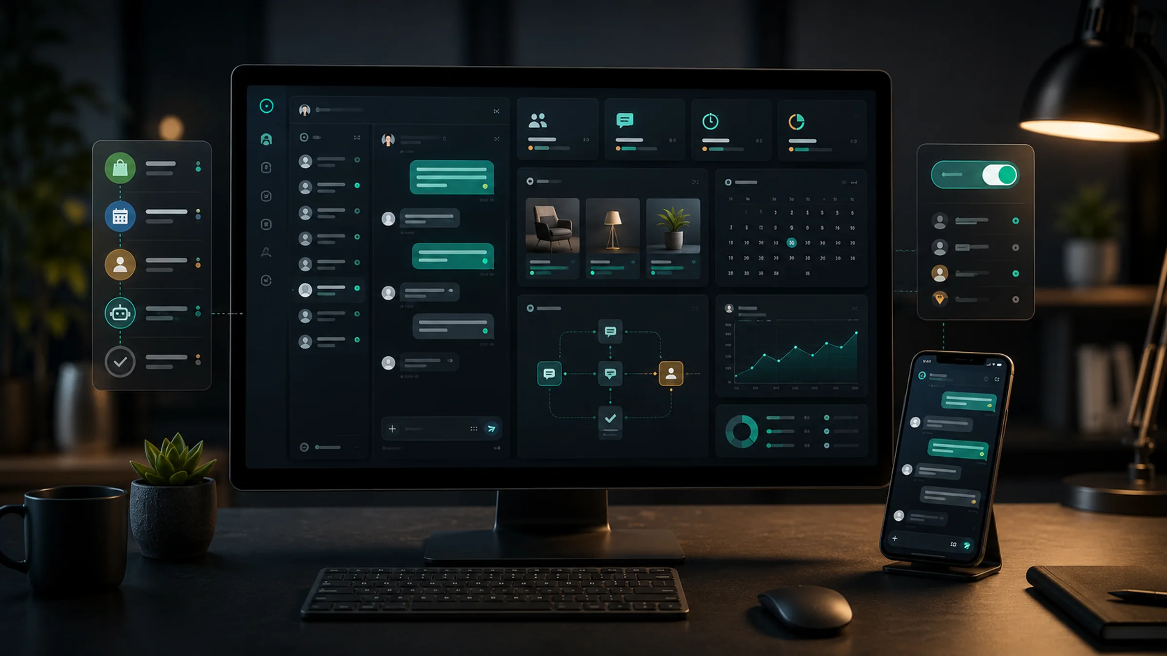 Customer messaging workflow desk with smartphone chat stream, product catalog cards, appointment calendar, lead panel, and human handoff controls