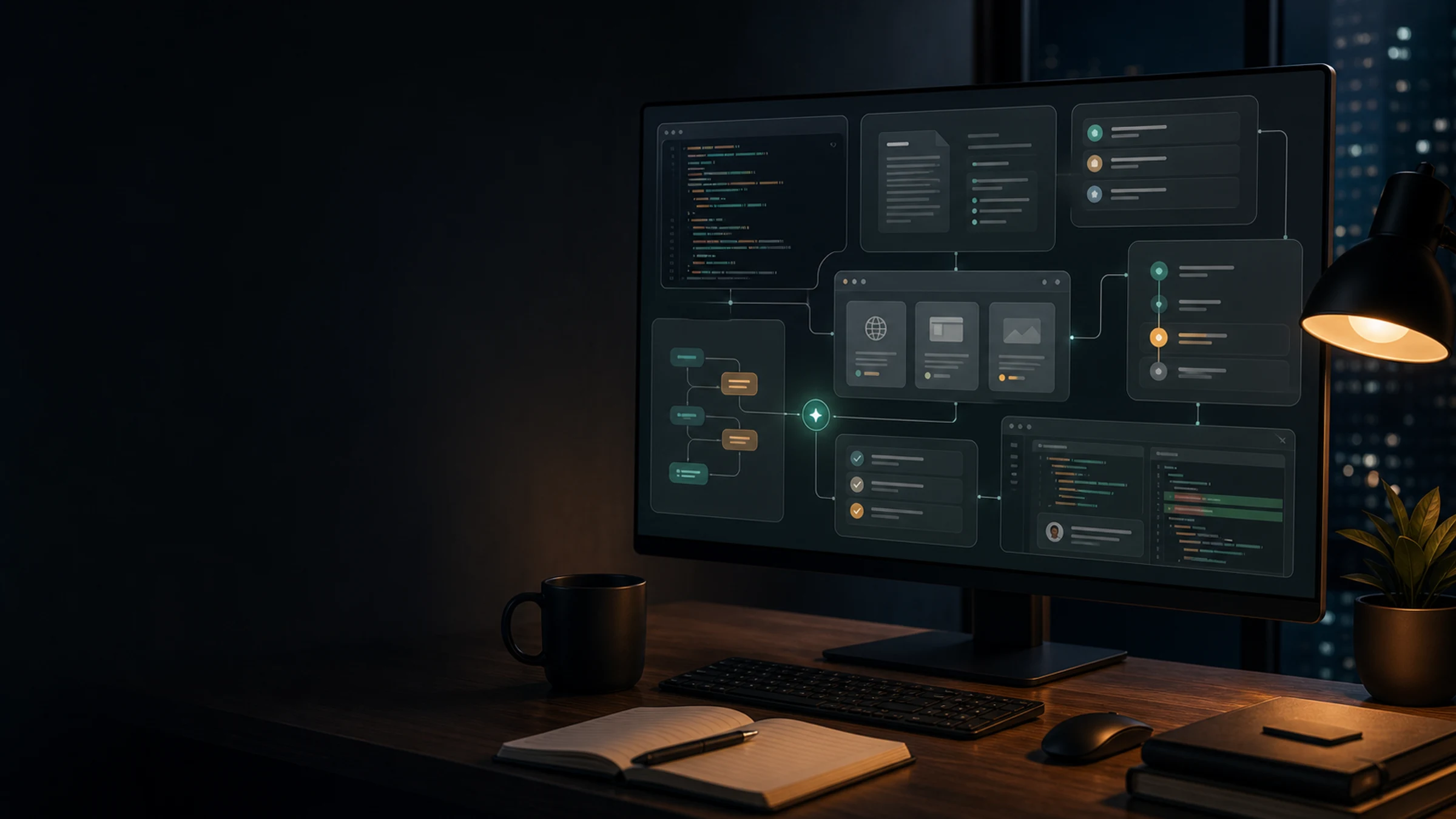 A night desk scene where Codex connects code, documents, browser verification, and automation queues into one operating workflow