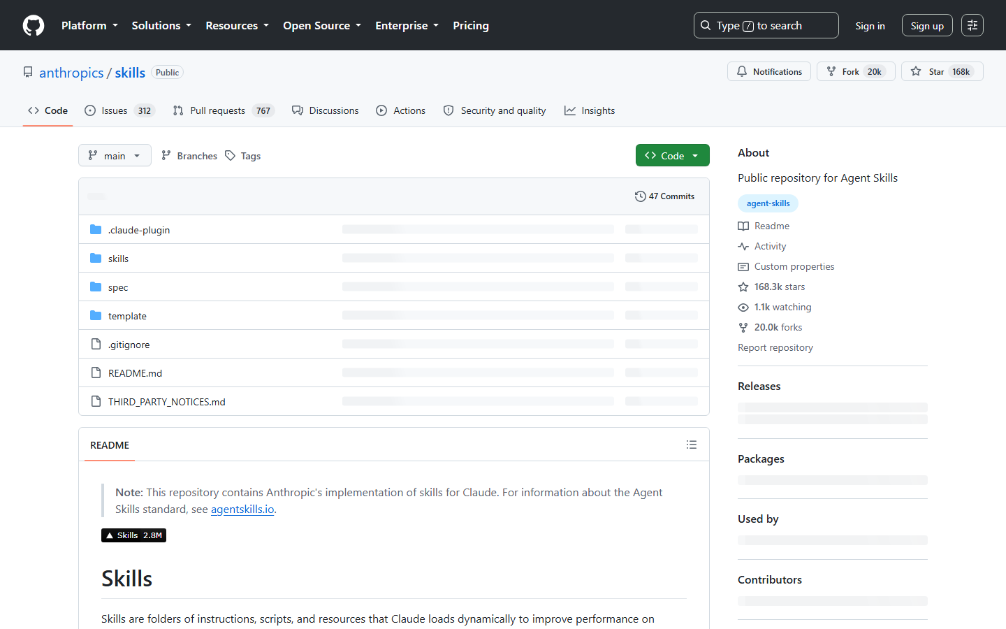 Repositorio de anthropics/skills en GitHub