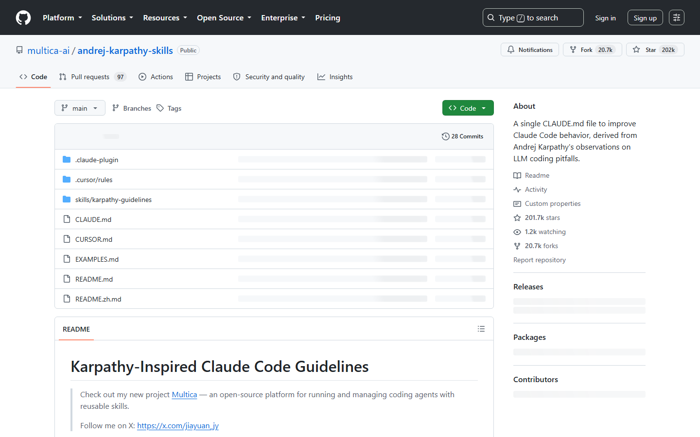 Repositorio de multica-ai/andrej-karpathy-skills en GitHub