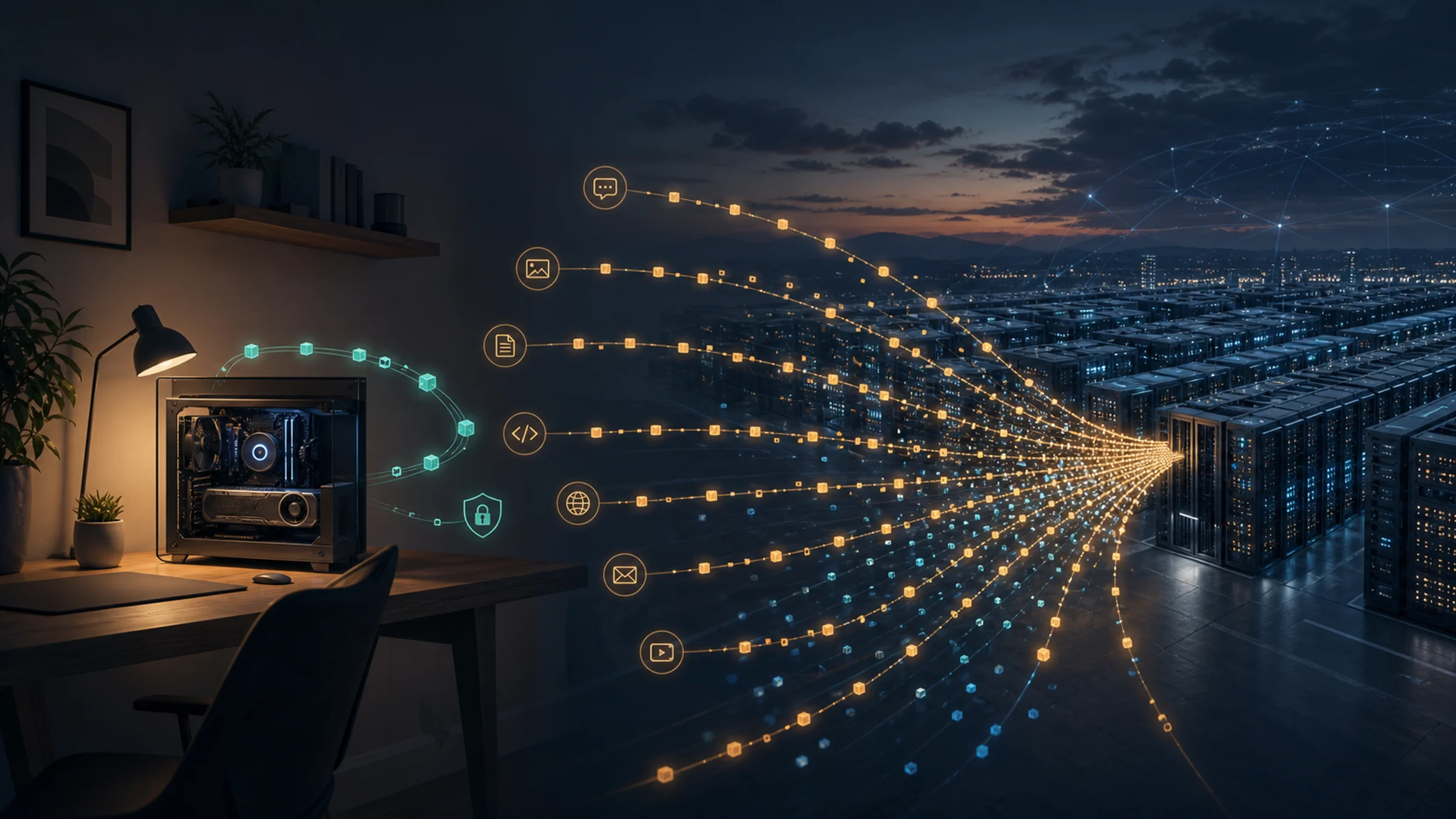 Editorial illustration of a personal GPU computer and a large AI data center receiving different streams of inference requests