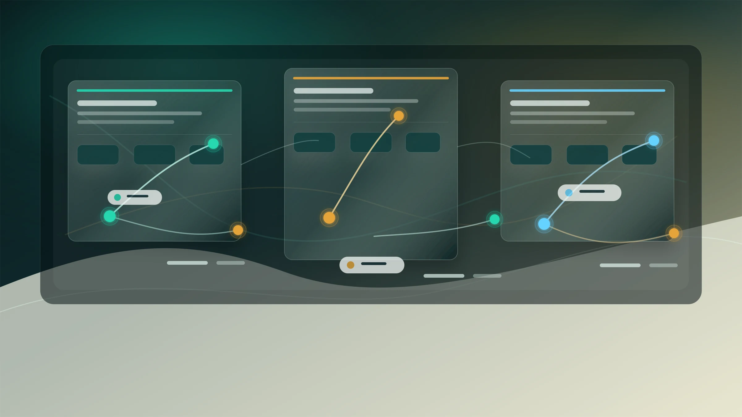 Three AI automation workflow dashboards compared side by side with app connectors, visual scenarios, execution logs, and security controls