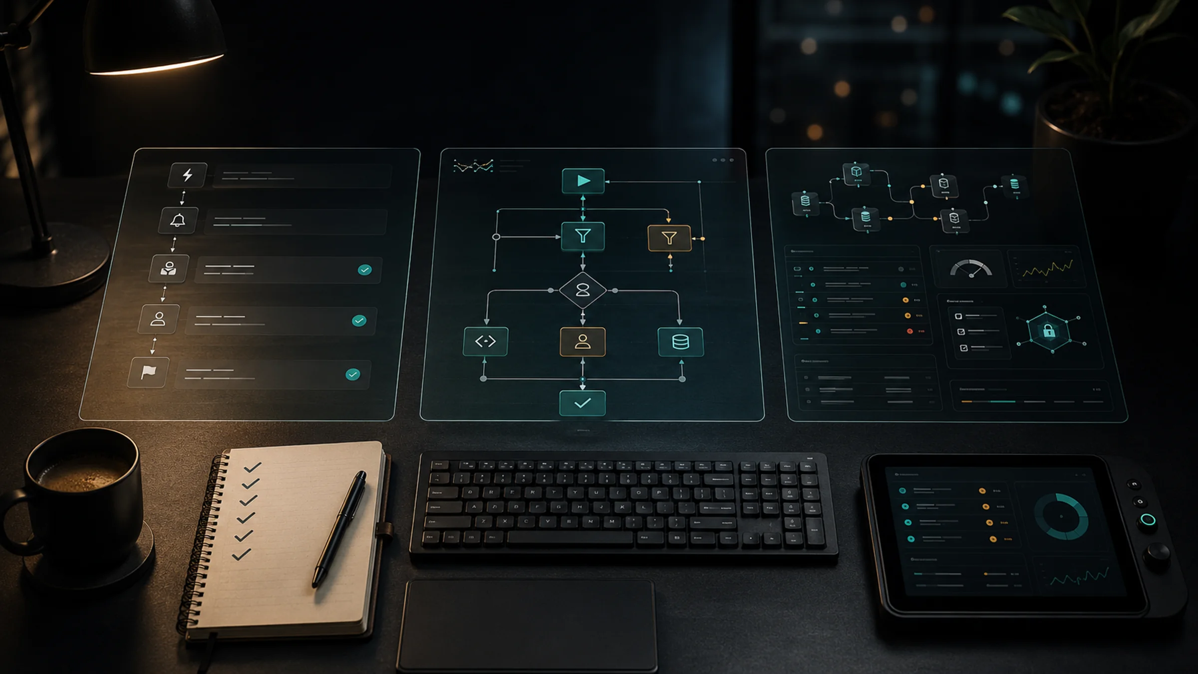 Night operations desk comparing three AI automation operating models across workflow dashboards